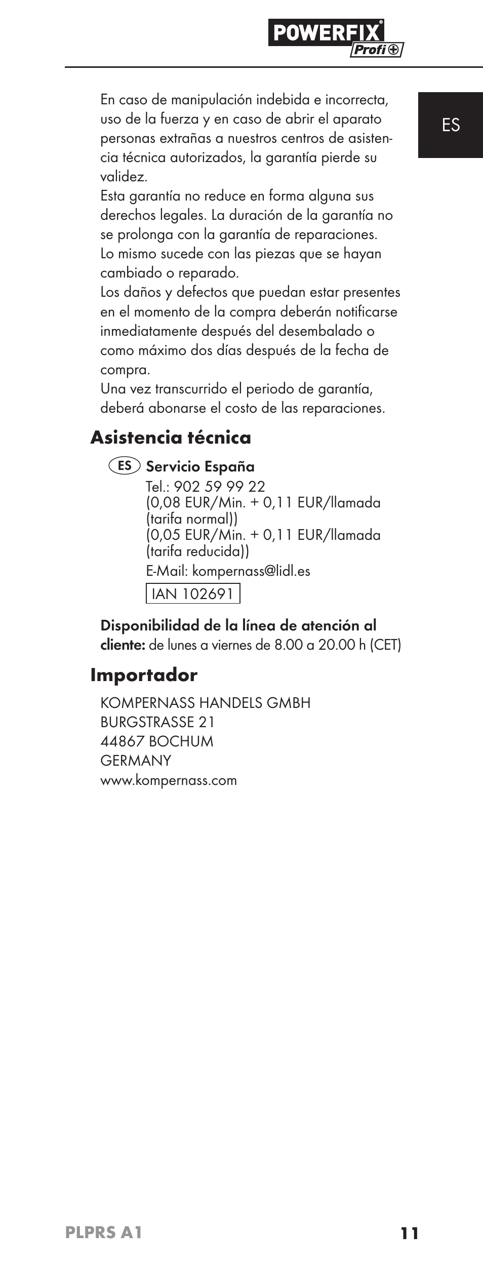 Asistencia técnica, Importador | Powerfix PLPRS A1 User Manual | Page 14 / 51