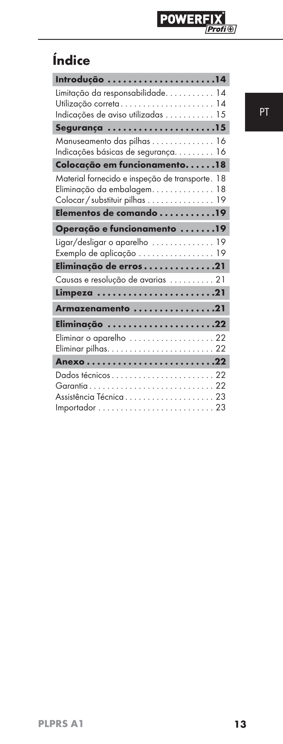 Índice | Powerfix PLPRS A1 User Manual | Page 16 / 51