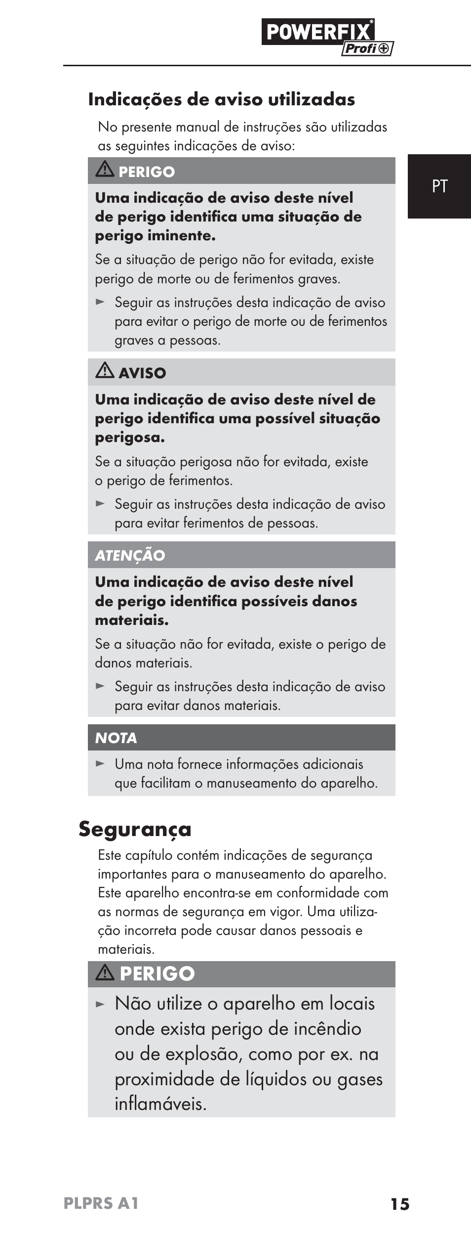 Segurança, Perigo, Pt indicações de aviso utilizadas | Powerfix PLPRS A1 User Manual | Page 18 / 51