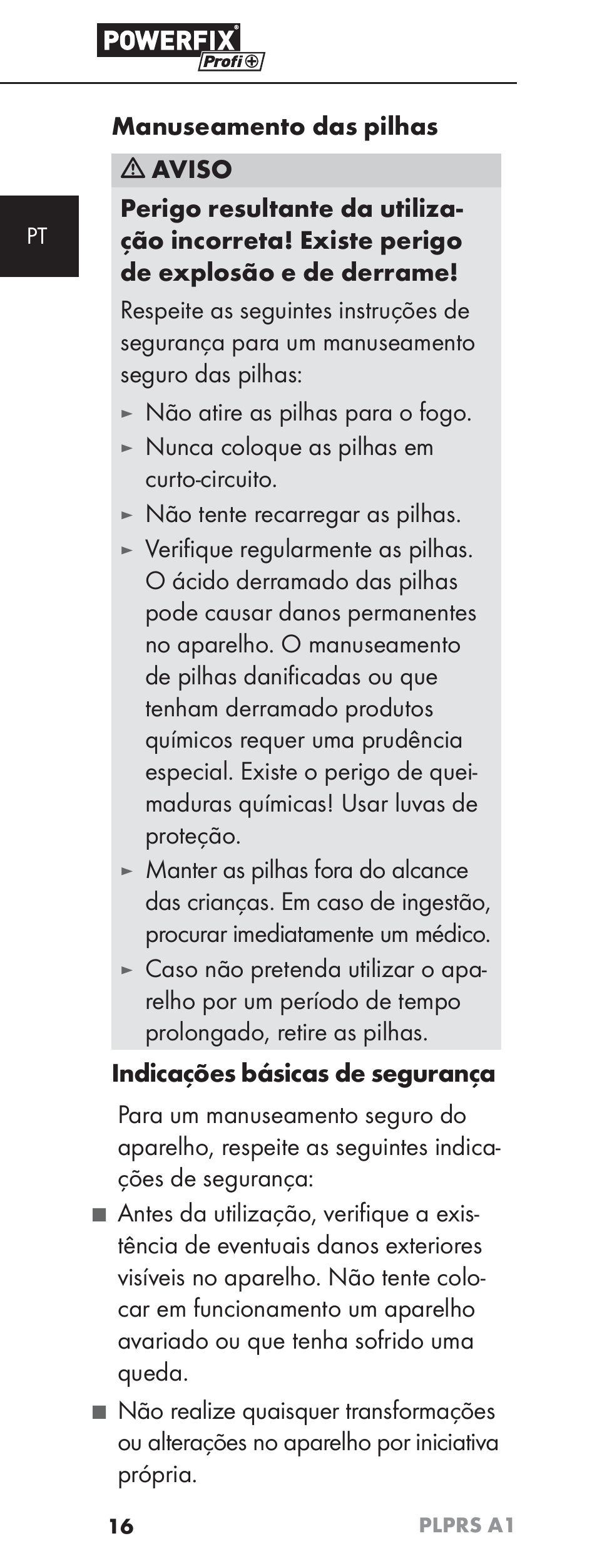 Não atire as pilhas para o fogo, Nunca coloque as pilhas em curto-circuito, Não tente recarregar as pilhas | Powerfix PLPRS A1 User Manual | Page 19 / 51