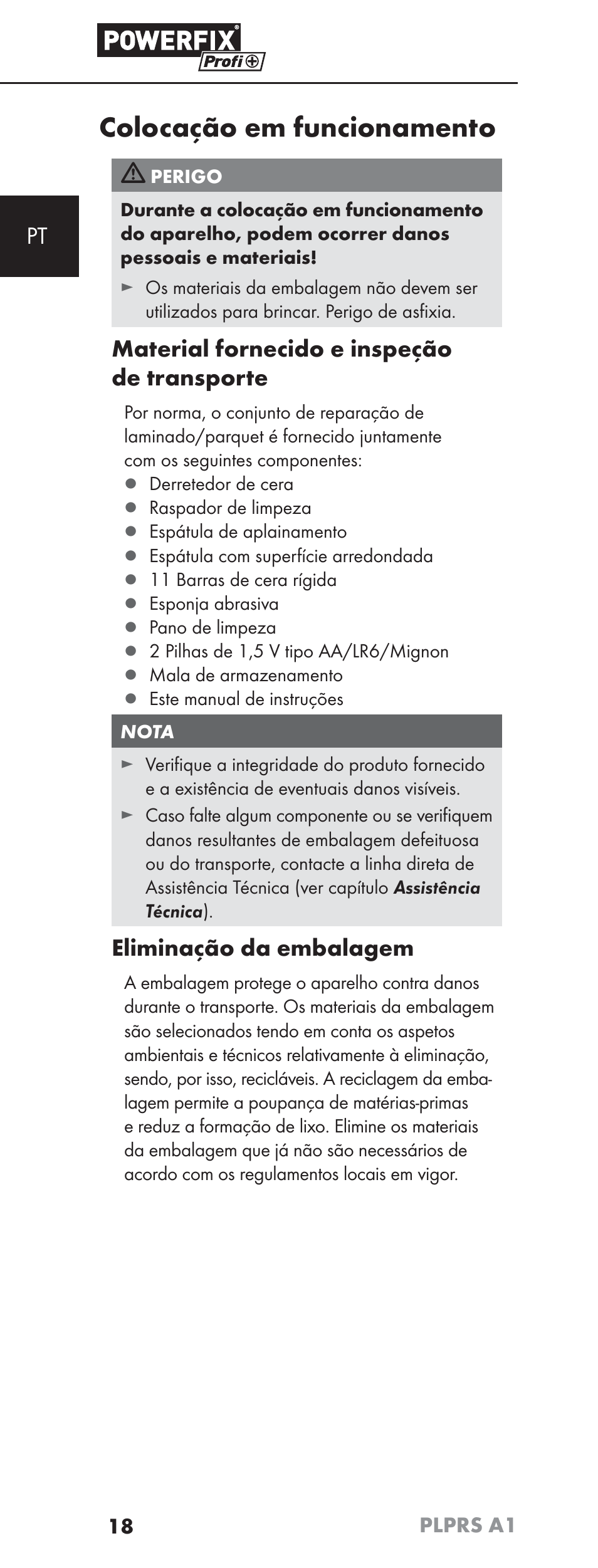 Colocação em funcionamento, Material fornecido e inspeção de transporte, Eliminação da embalagem | Powerfix PLPRS A1 User Manual | Page 21 / 51