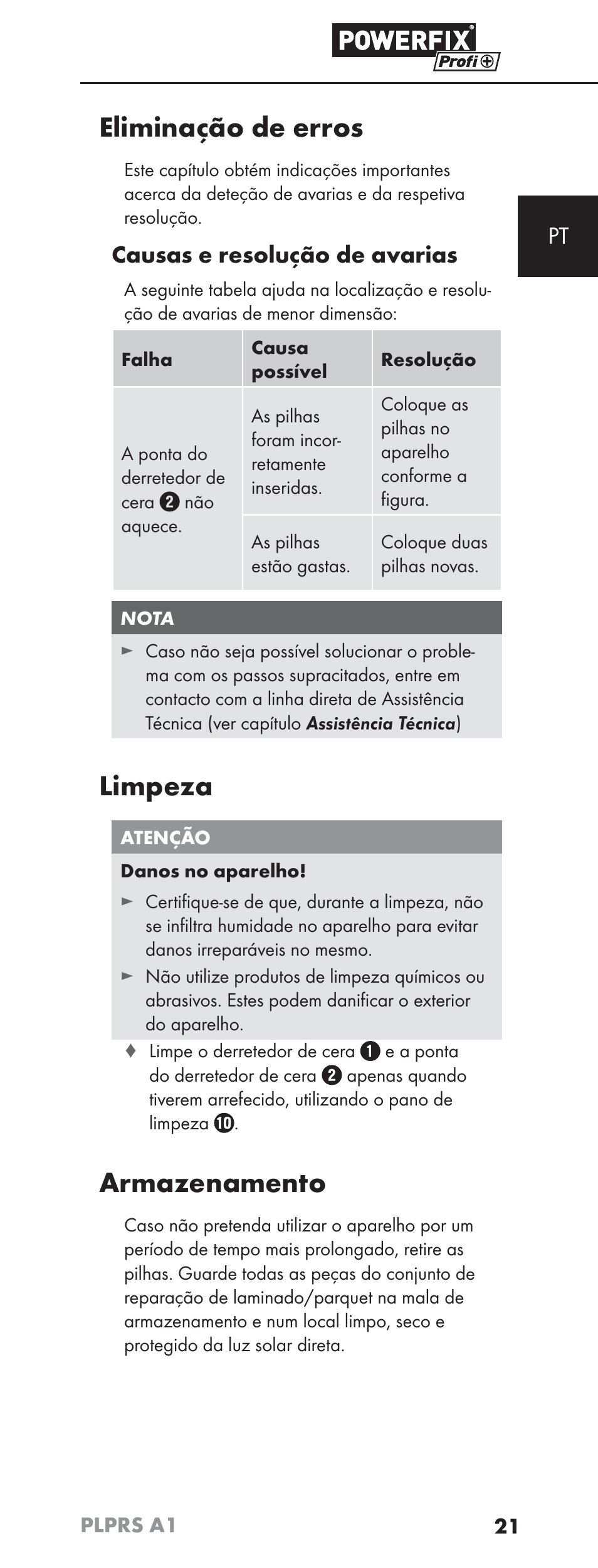 Eliminação de erros, Limpeza, Armazenamento | Causas e resolução de avarias | Powerfix PLPRS A1 User Manual | Page 24 / 51