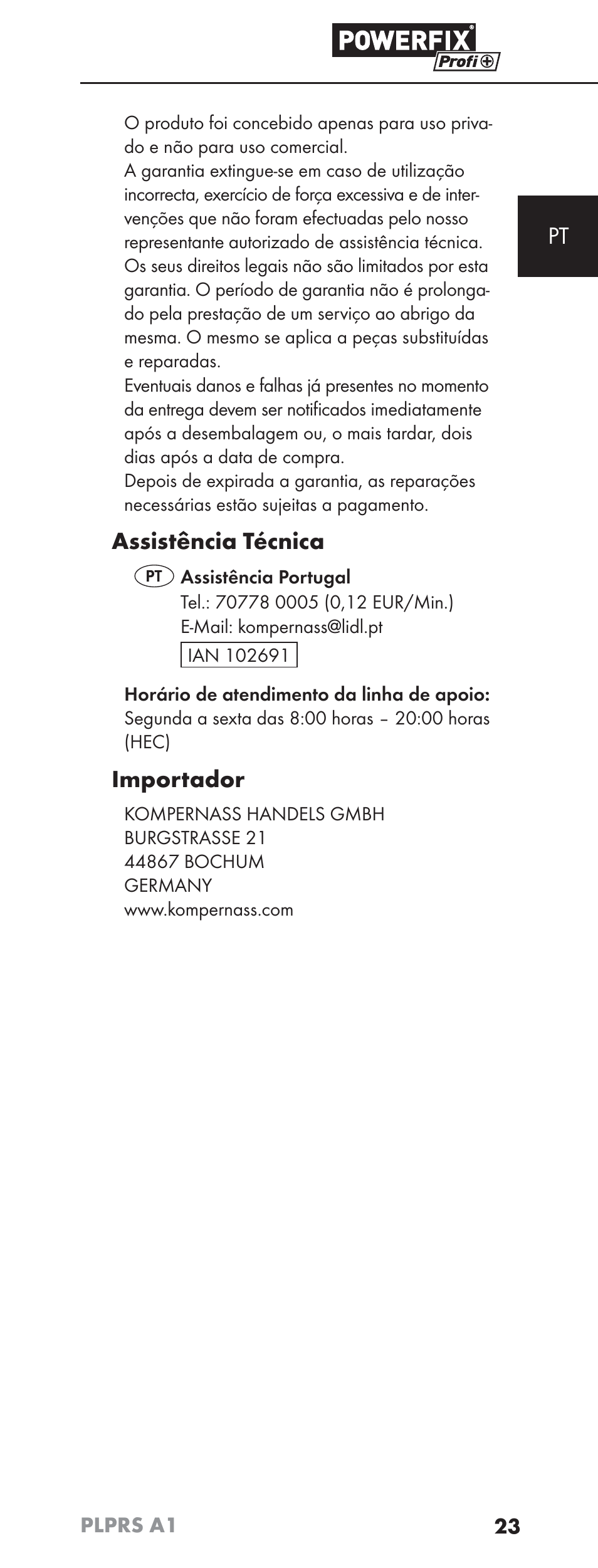 Assistência técnica, Importador | Powerfix PLPRS A1 User Manual | Page 26 / 51