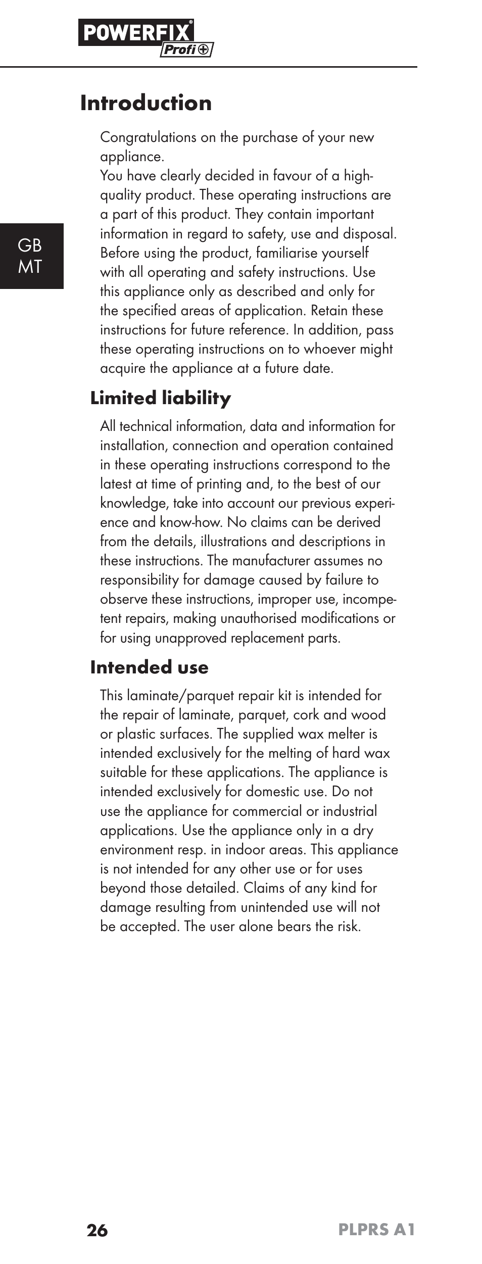 Introduction, Gb mt, Limited liability | Intended use | Powerfix PLPRS A1 User Manual | Page 29 / 51