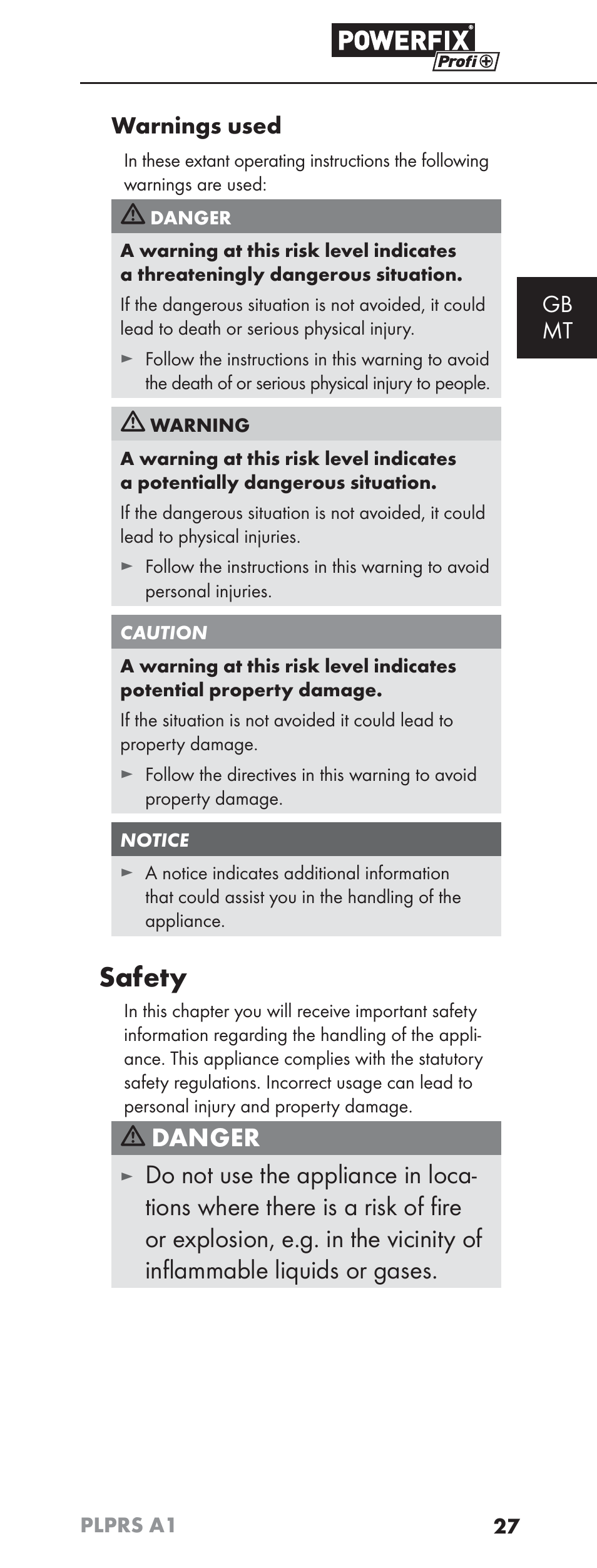 Safety, Danger, Gb mt warnings used | Powerfix PLPRS A1 User Manual | Page 30 / 51