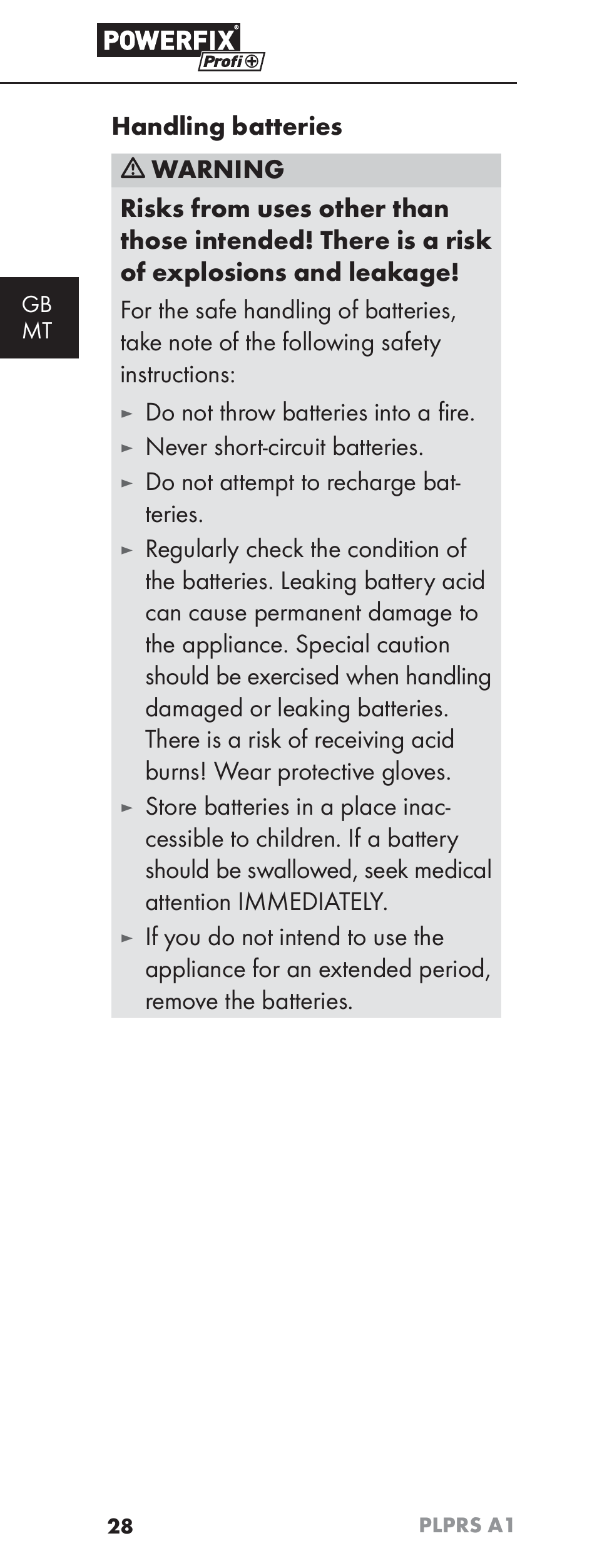 Do not throw batteries into a ﬁ re, Never short-circuit batteries, Do not attempt to recharge bat- teries | Powerfix PLPRS A1 User Manual | Page 31 / 51