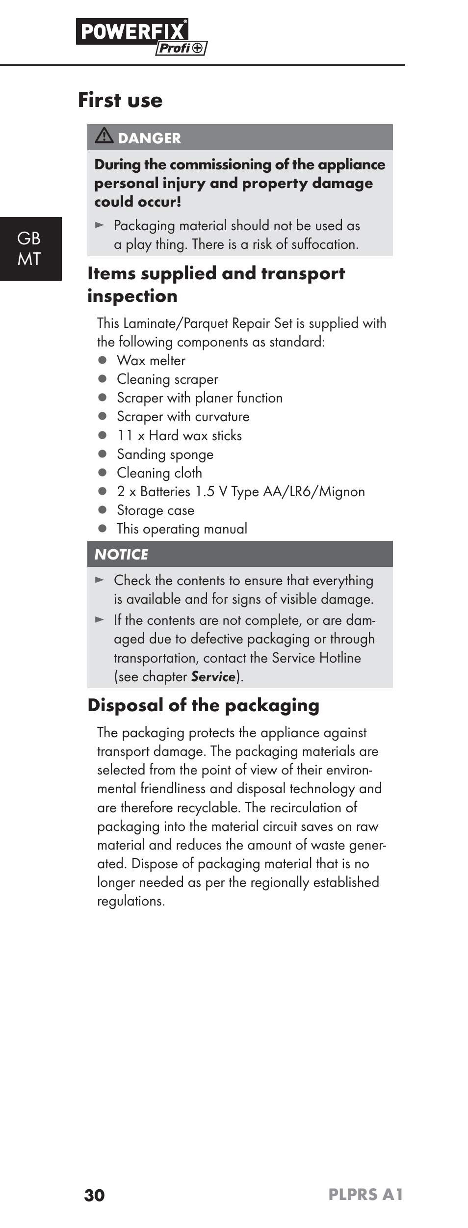 First use, Gb mt, Items supplied and transport inspection | Disposal of the packaging | Powerfix PLPRS A1 User Manual | Page 33 / 51