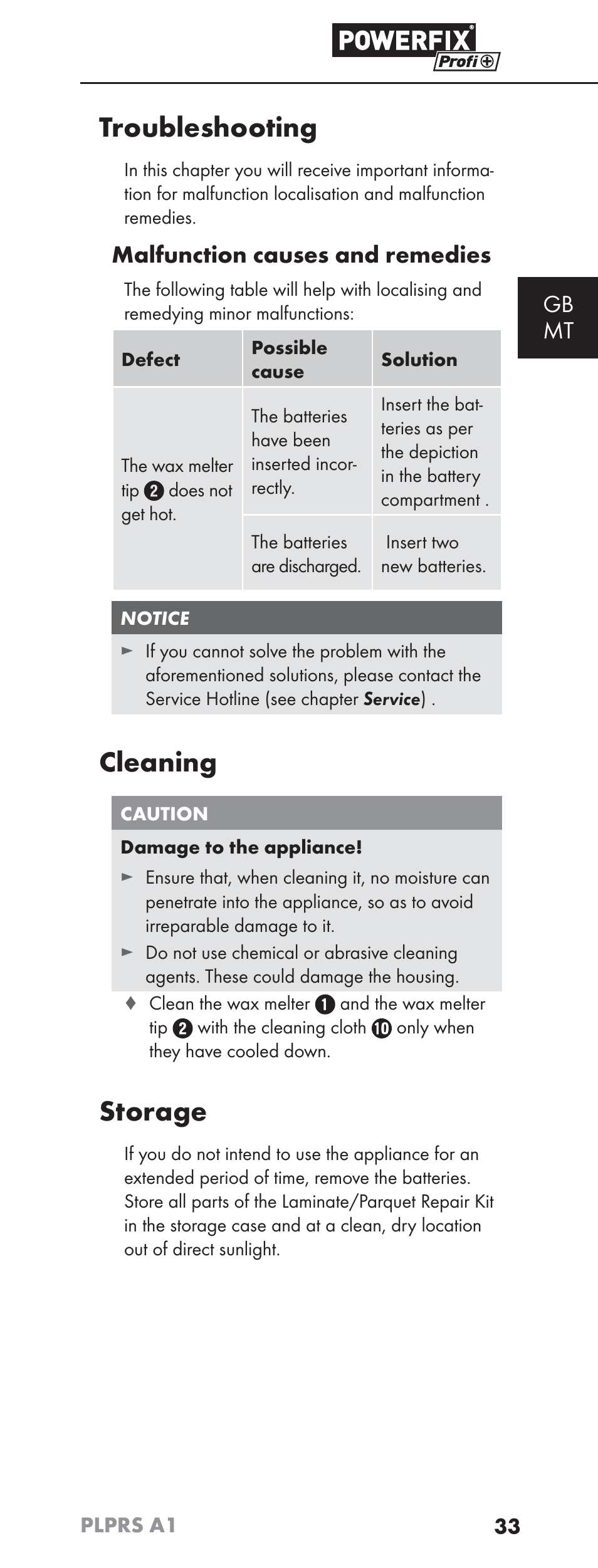 Troubleshooting, Cleaning, Storage | Gb mt, Malfunction causes and remedies | Powerfix PLPRS A1 User Manual | Page 36 / 51