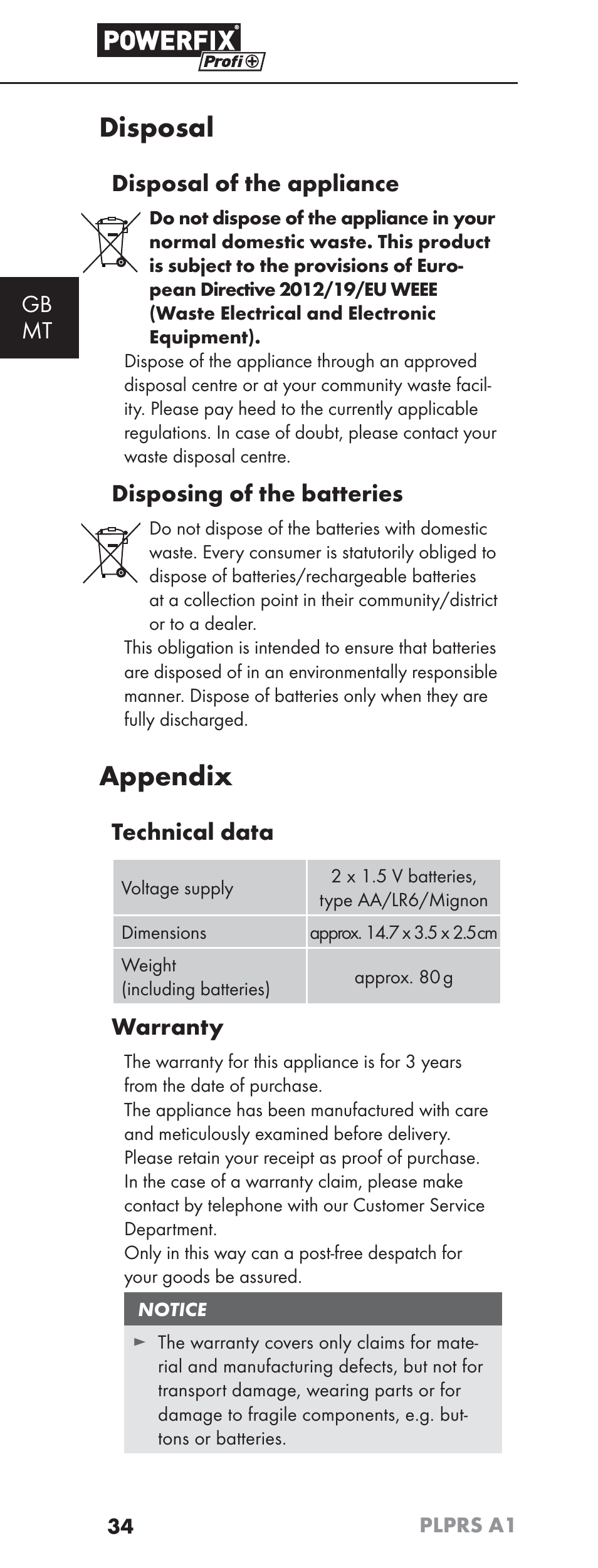 Disposal, Appendix, Gb mt | Disposal of the appliance, Disposing of the batteries, Technical data, Warranty | Powerfix PLPRS A1 User Manual | Page 37 / 51