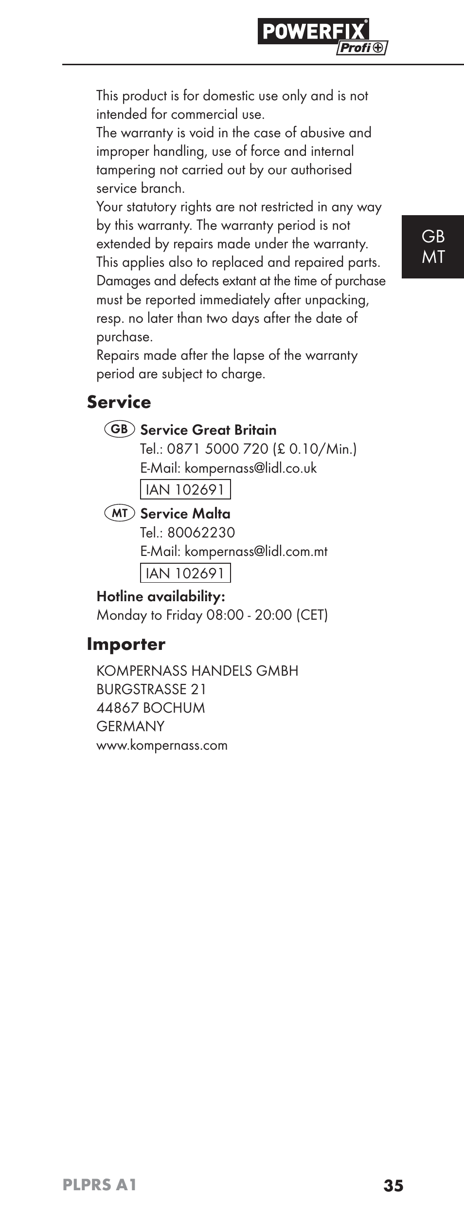 Gb mt, Service, Importer | Powerfix PLPRS A1 User Manual | Page 38 / 51