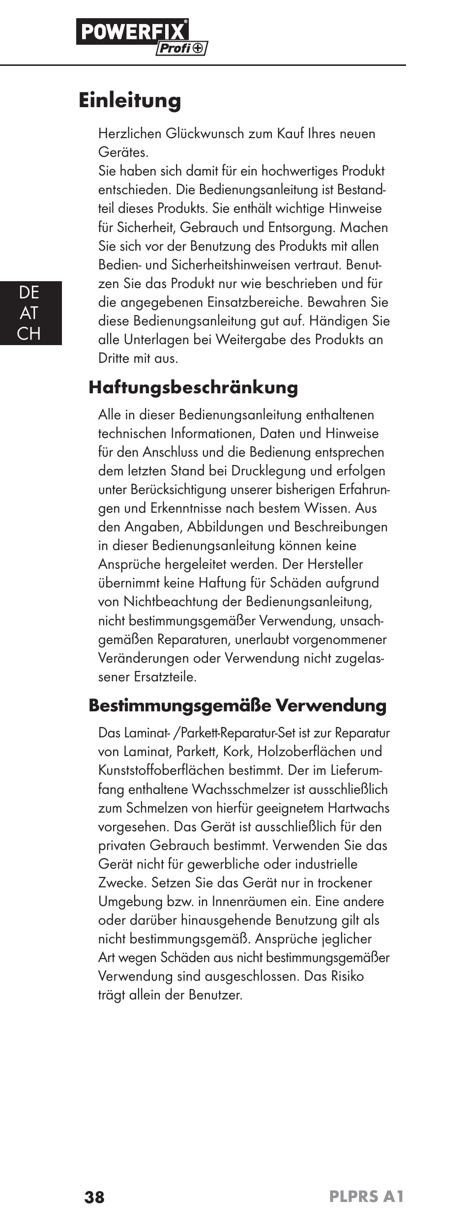 Einleitung, De at ch, Haftungsbeschränkung | Bestimmungsgemäße verwendung | Powerfix PLPRS A1 User Manual | Page 41 / 51