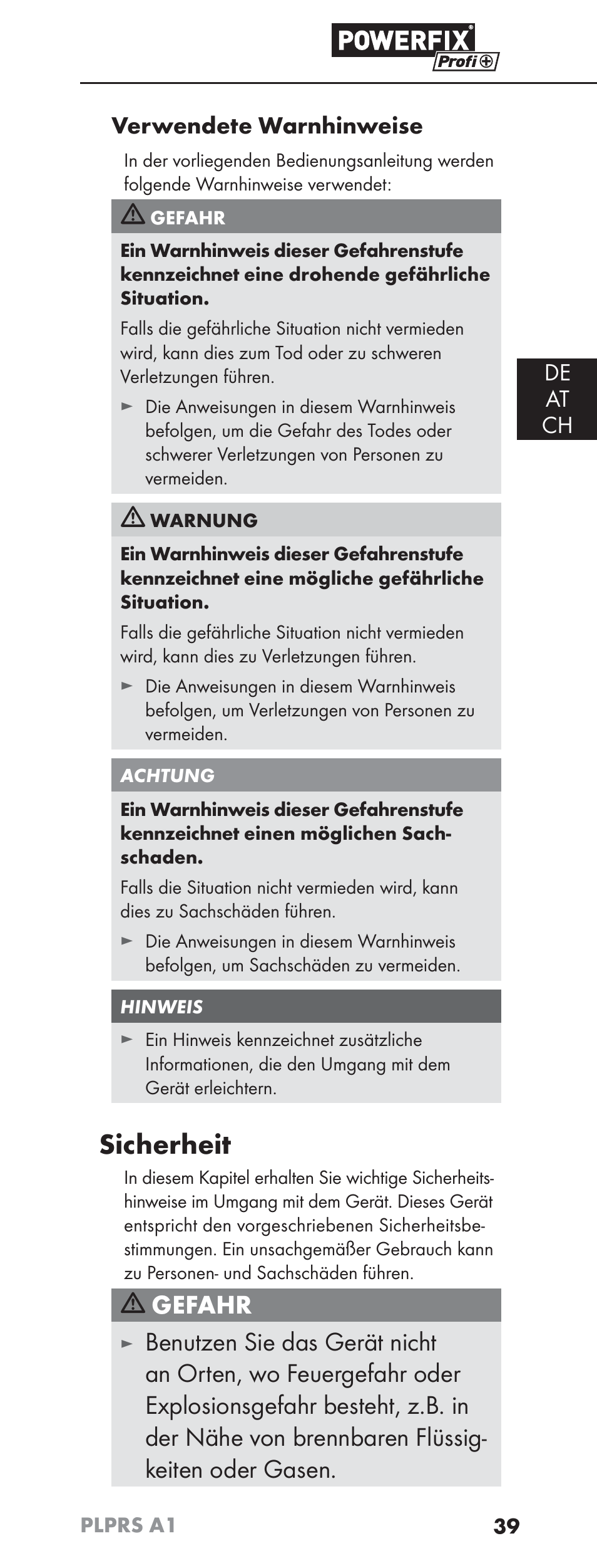 Sicherheit, Gefahr, De at ch verwendete warnhinweise | Powerfix PLPRS A1 User Manual | Page 42 / 51