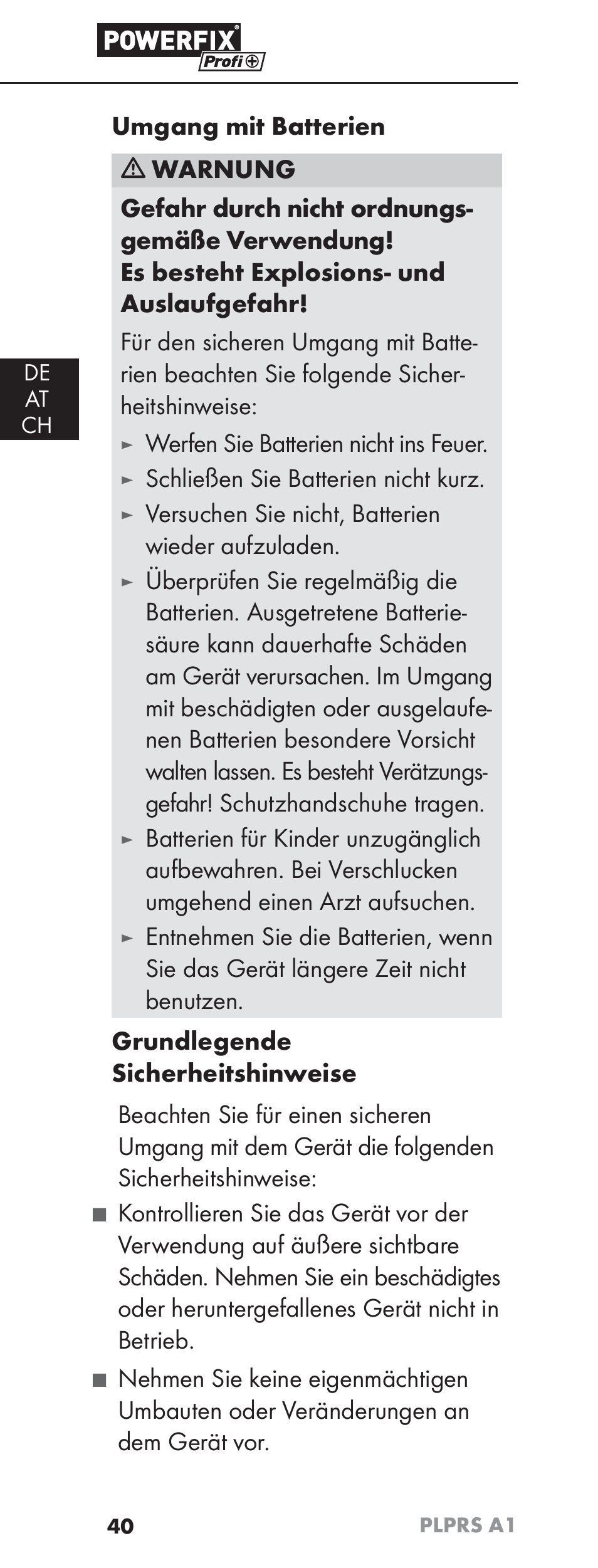 Werfen sie batterien nicht ins feuer, Schließen sie batterien nicht kurz, Versuchen sie nicht, batterien wieder aufzuladen | Powerfix PLPRS A1 User Manual | Page 43 / 51