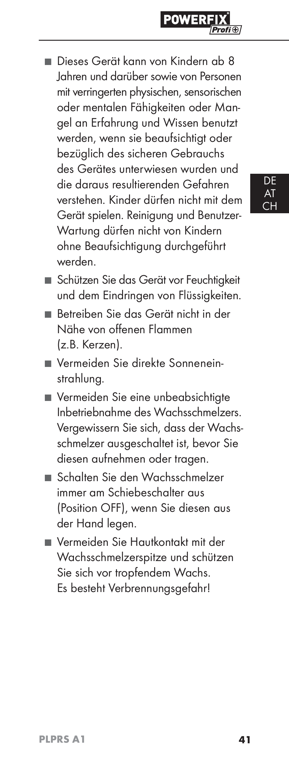 Vermeiden sie direkte sonnenein- strahlung, De at ch | Powerfix PLPRS A1 User Manual | Page 44 / 51