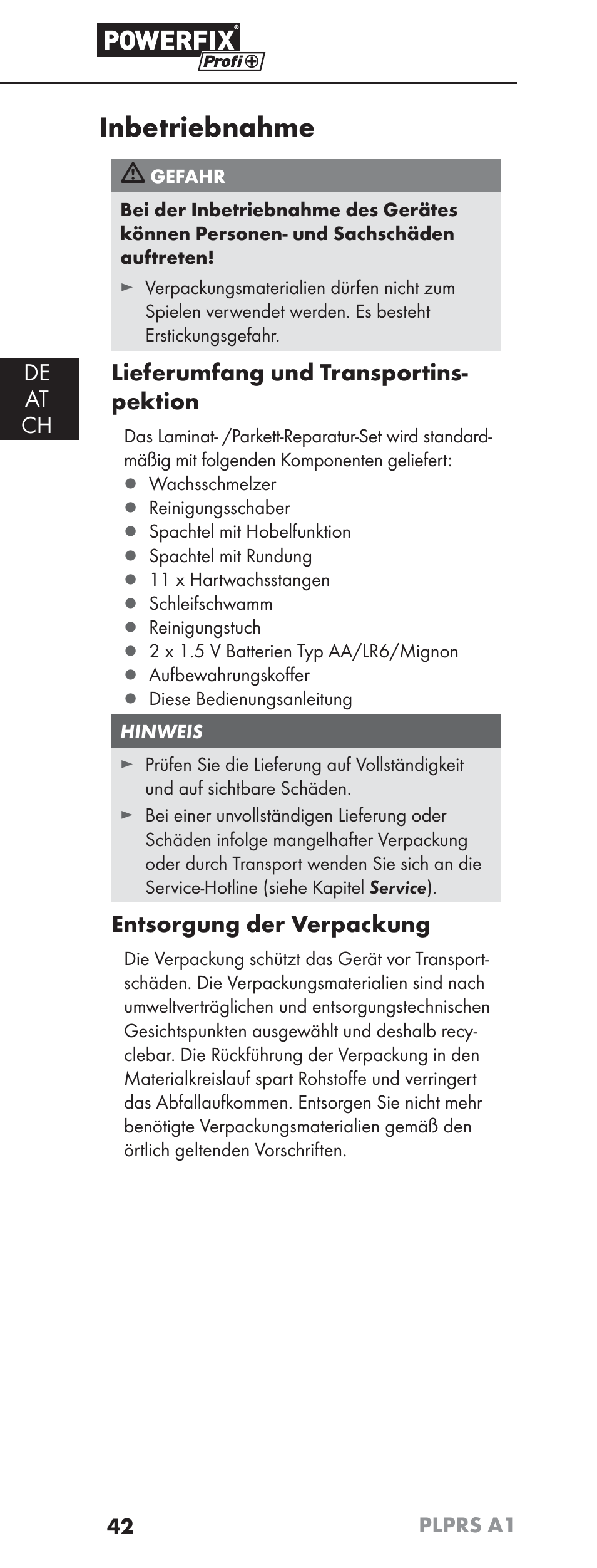 Inbetriebnahme, De at ch, Lieferumfang und transportins- pektion | Entsorgung der verpackung | Powerfix PLPRS A1 User Manual | Page 45 / 51