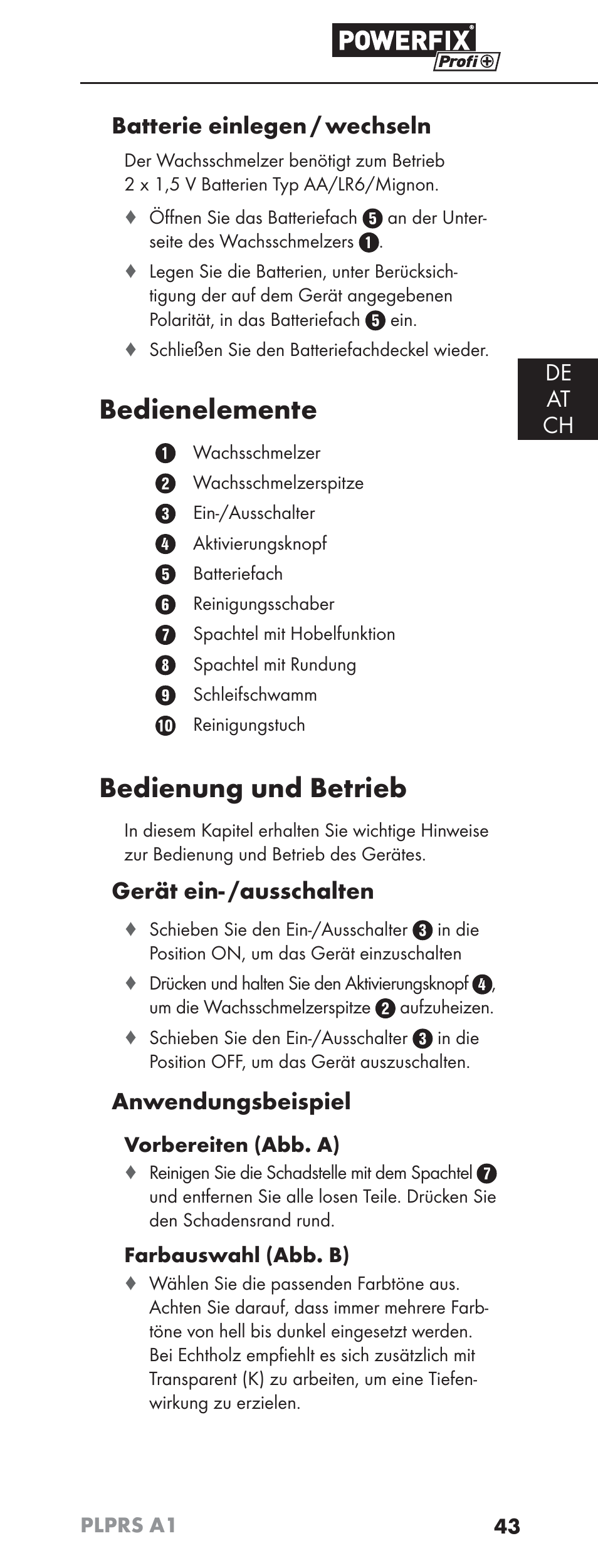 Bedienelemente, Bedienung und betrieb, De at ch batterie einlegen / wechseln | Gerät ein- /ausschalten, Anwendungsbeispiel | Powerfix PLPRS A1 User Manual | Page 46 / 51