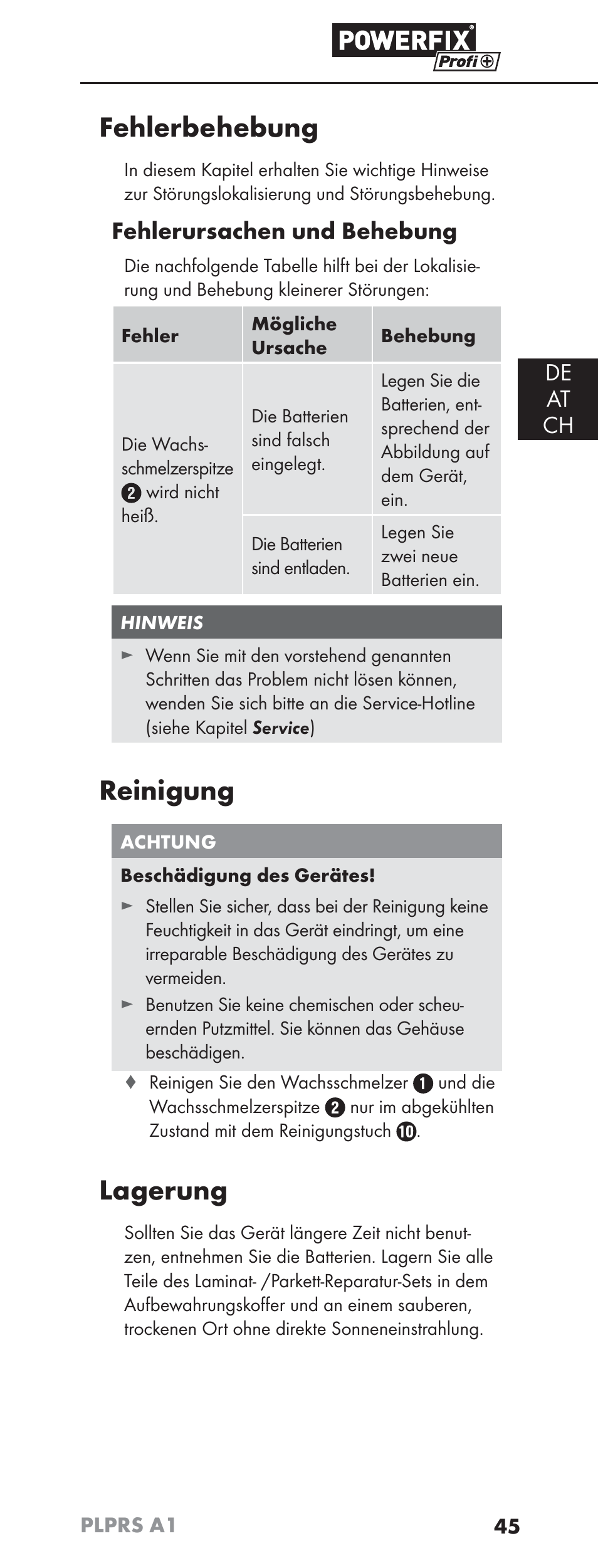 Fehlerbehebung, Reinigung, Lagerung | De at ch, Fehlerursachen und behebung | Powerfix PLPRS A1 User Manual | Page 48 / 51