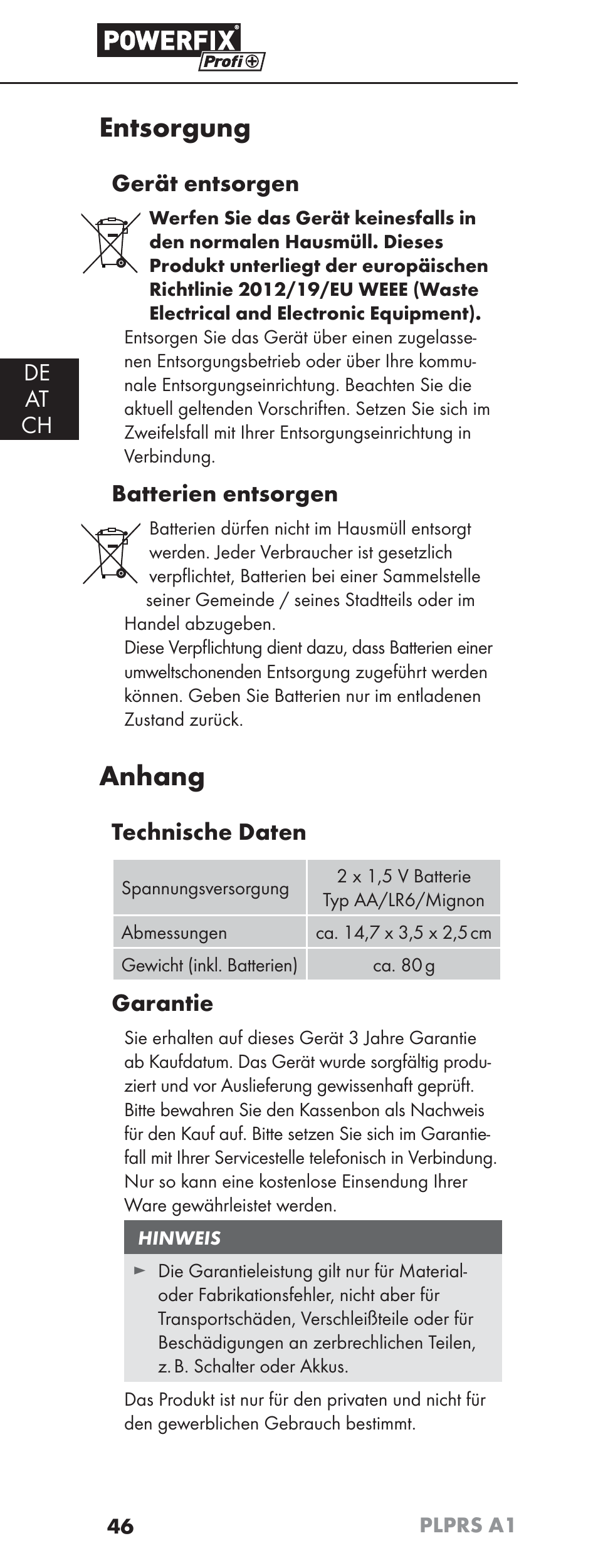 Entsorgung, Anhang, De at ch | Gerät entsorgen, Batterien entsorgen, Technische daten, Garantie | Powerfix PLPRS A1 User Manual | Page 49 / 51