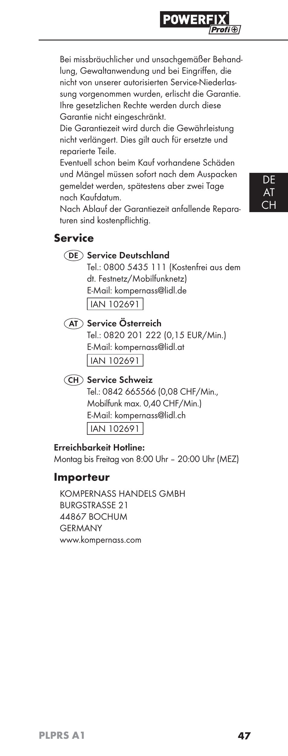 De at ch, Service, Importeur | Powerfix PLPRS A1 User Manual | Page 50 / 51