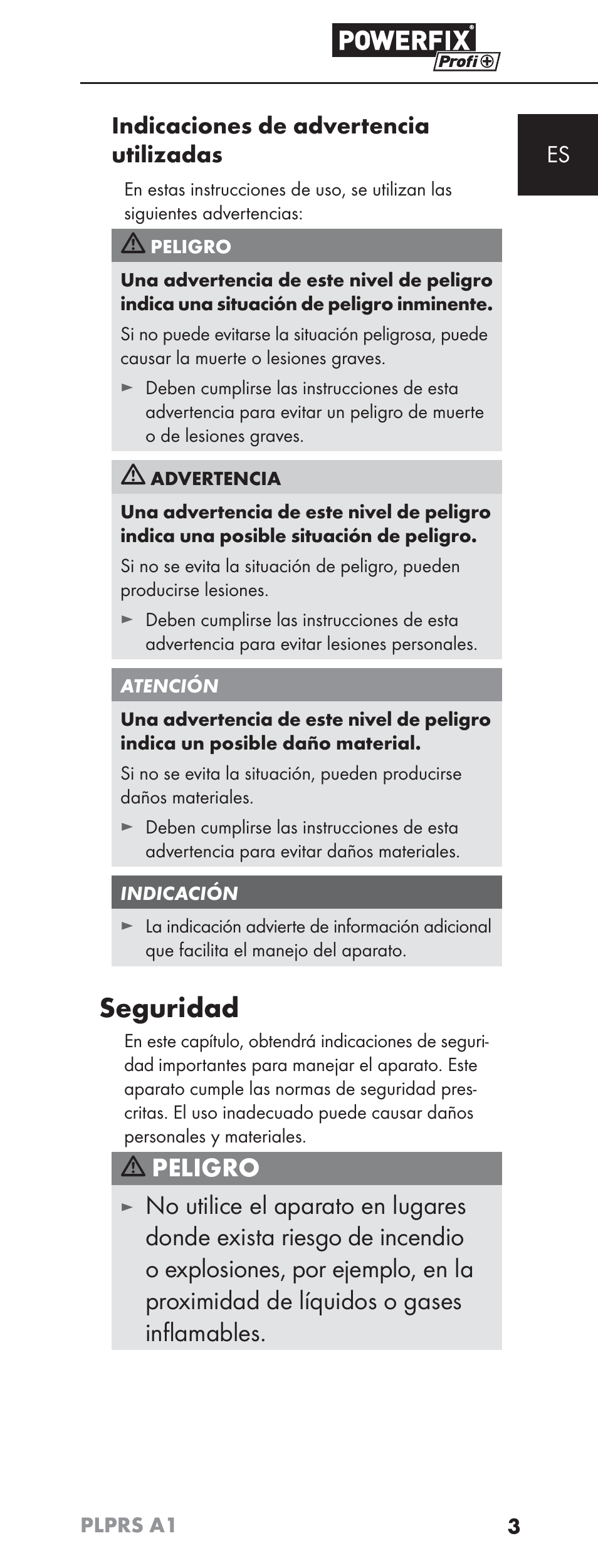 Seguridad, Peligro, Es indicaciones de advertencia utilizadas | Powerfix PLPRS A1 User Manual | Page 6 / 51