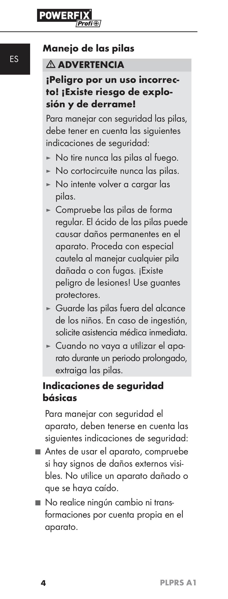 No tire nunca las pilas al fuego, No cortocircuite nunca las pilas, No intente volver a cargar las pilas | Powerfix PLPRS A1 User Manual | Page 7 / 51