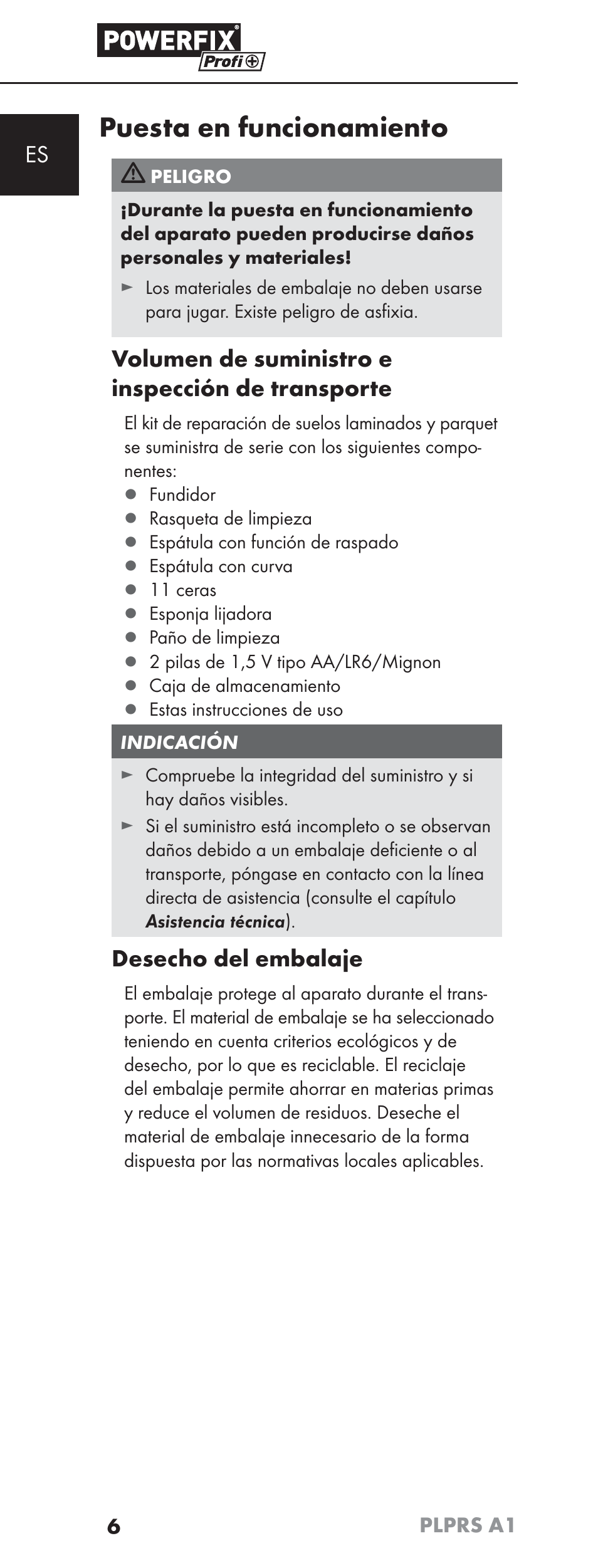 Puesta en funcionamiento, Volumen de suministro e inspección de transporte, Desecho del embalaje | Powerfix PLPRS A1 User Manual | Page 9 / 51