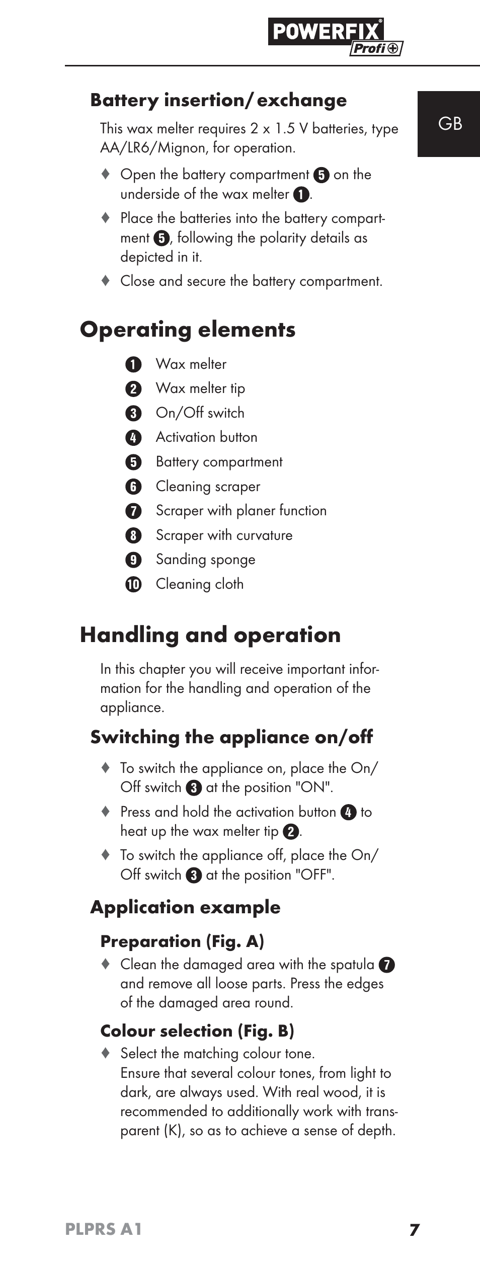 Operating elements, Handling and operation, Gb battery insertion/ exchange | Switching the appliance on/oﬀ, Application example | Powerfix PLPRS A1 User Manual | Page 10 / 63