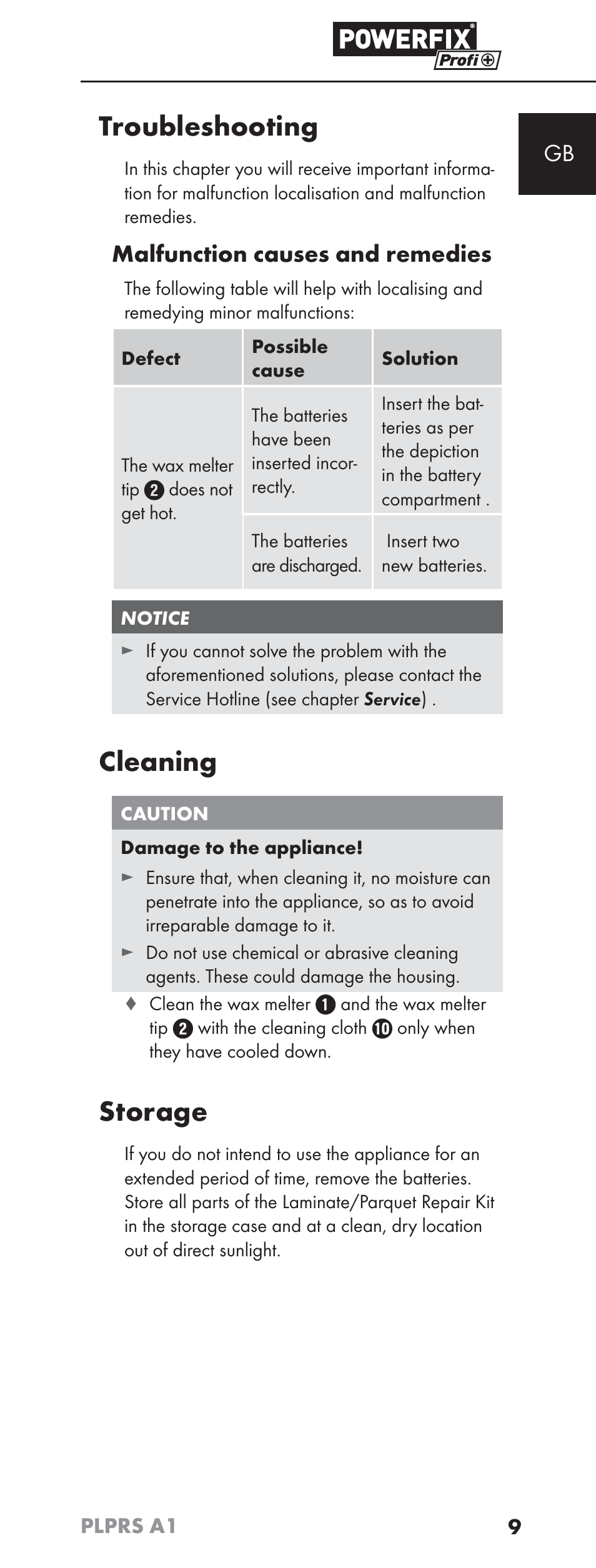 Troubleshooting, Cleaning, Storage | Malfunction causes and remedies | Powerfix PLPRS A1 User Manual | Page 12 / 63