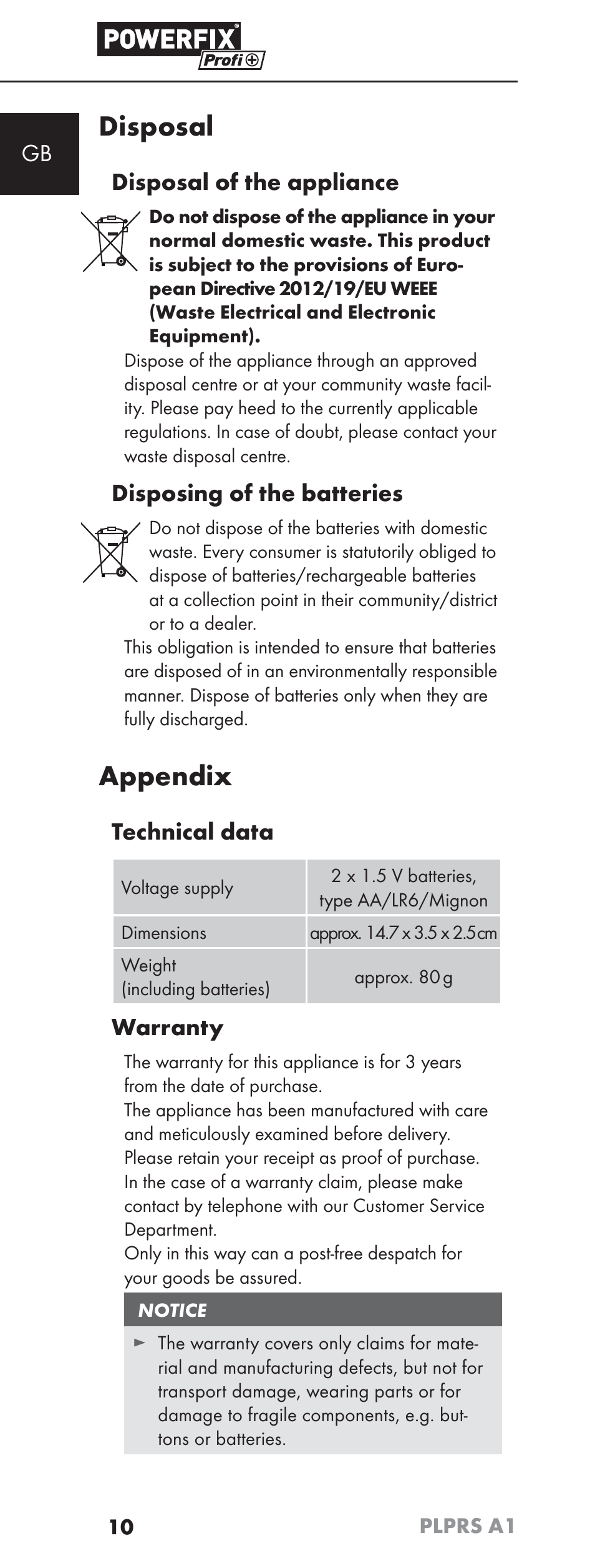 Disposal, Appendix, Disposal of the appliance | Disposing of the batteries, Technical data, Warranty | Powerfix PLPRS A1 User Manual | Page 13 / 63