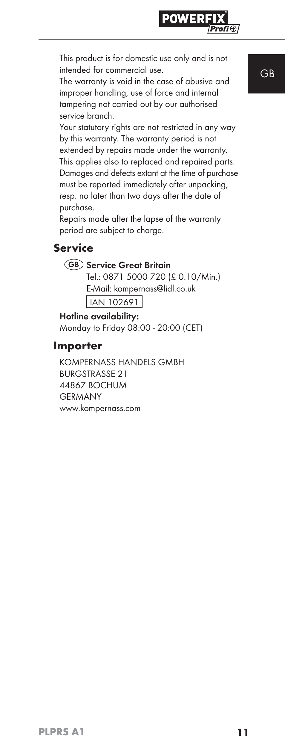 Service, Importer | Powerfix PLPRS A1 User Manual | Page 14 / 63