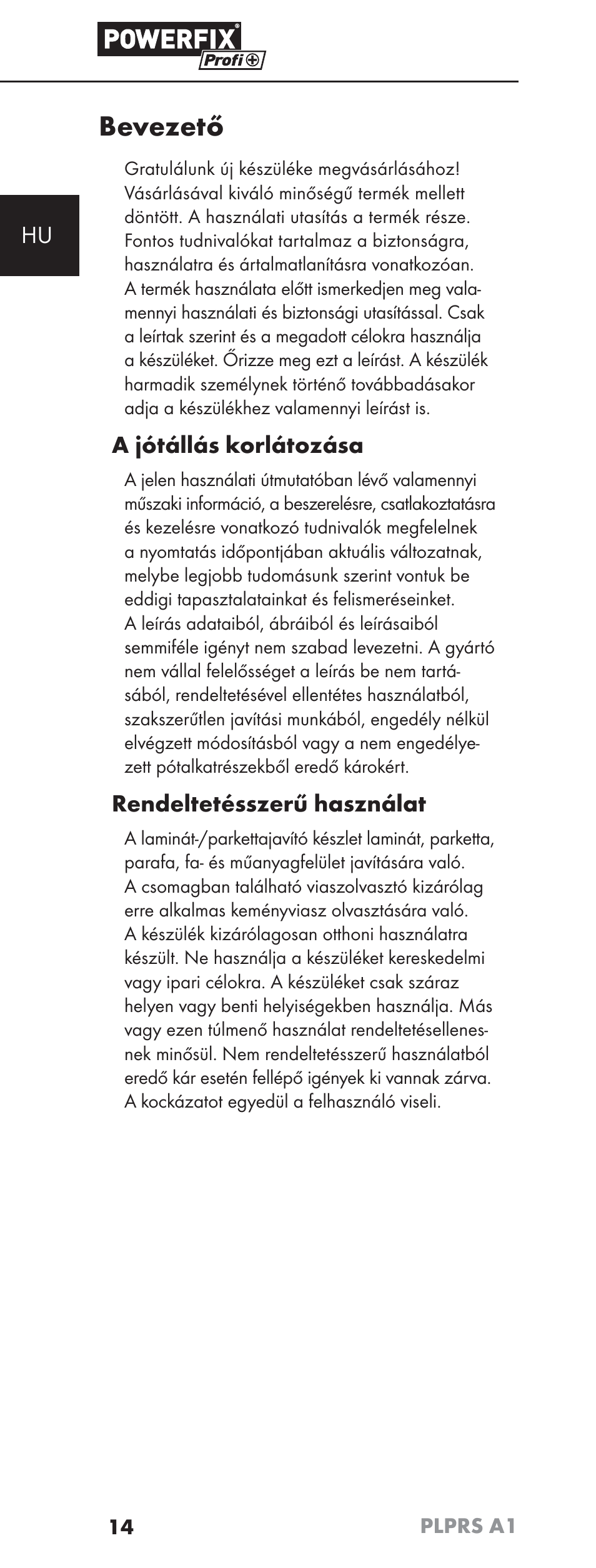 Bevezető, A jótállás korlátozása, Rendeltetésszerű használat | Powerfix PLPRS A1 User Manual | Page 17 / 63