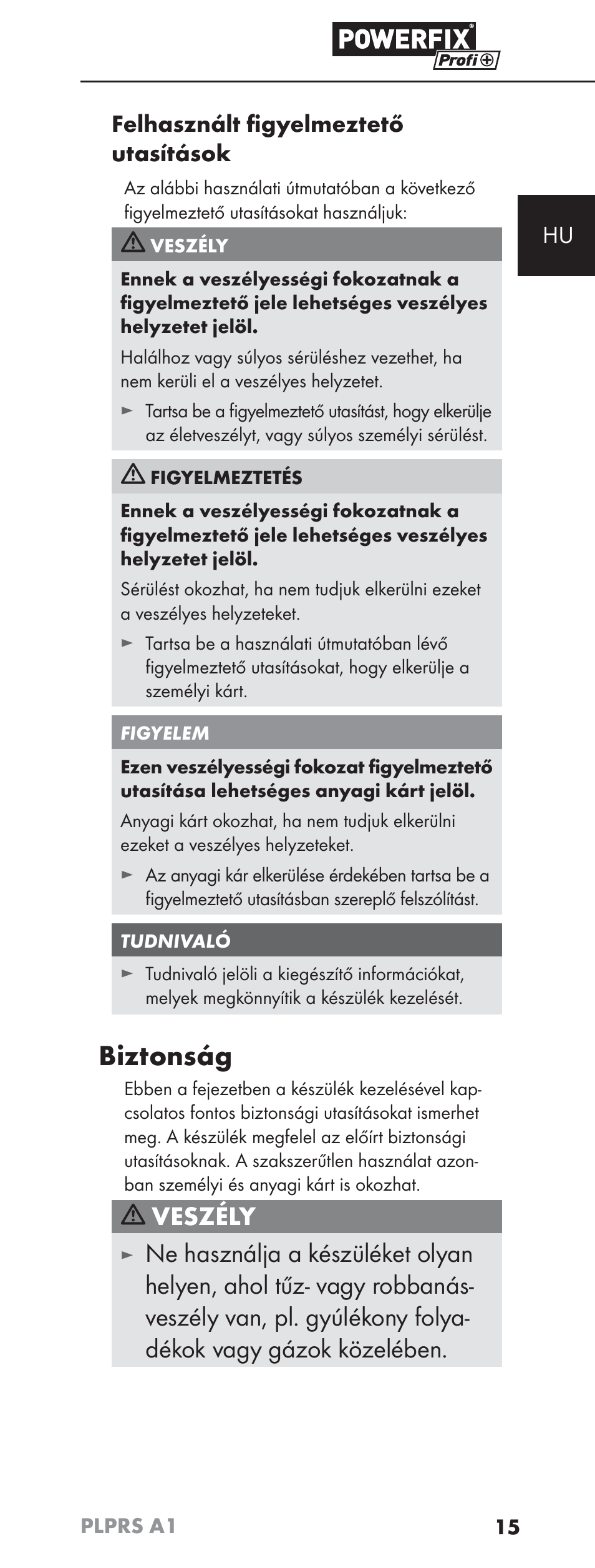 Biztonság, Veszély, Hu felhasznált ﬁ gyelmeztető utasítások | Powerfix PLPRS A1 User Manual | Page 18 / 63