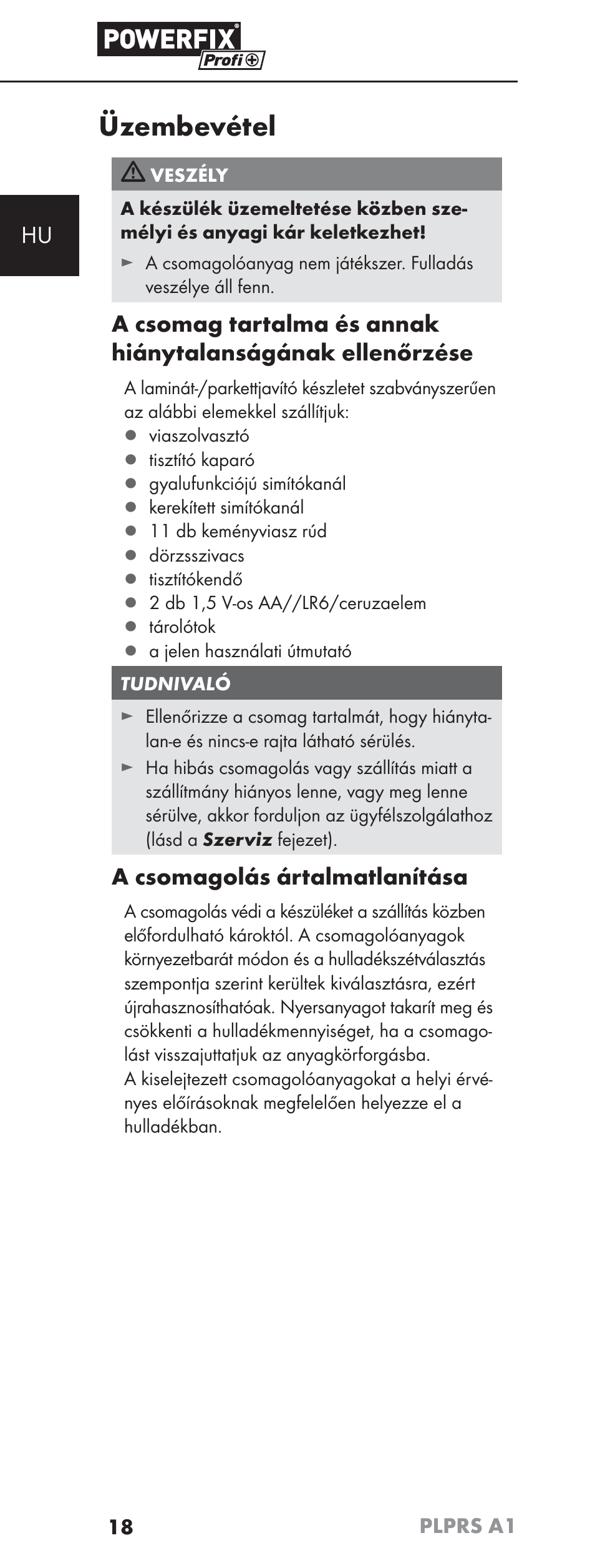 Üzembevétel, A csomagolás ártalmatlanítása | Powerfix PLPRS A1 User Manual | Page 21 / 63