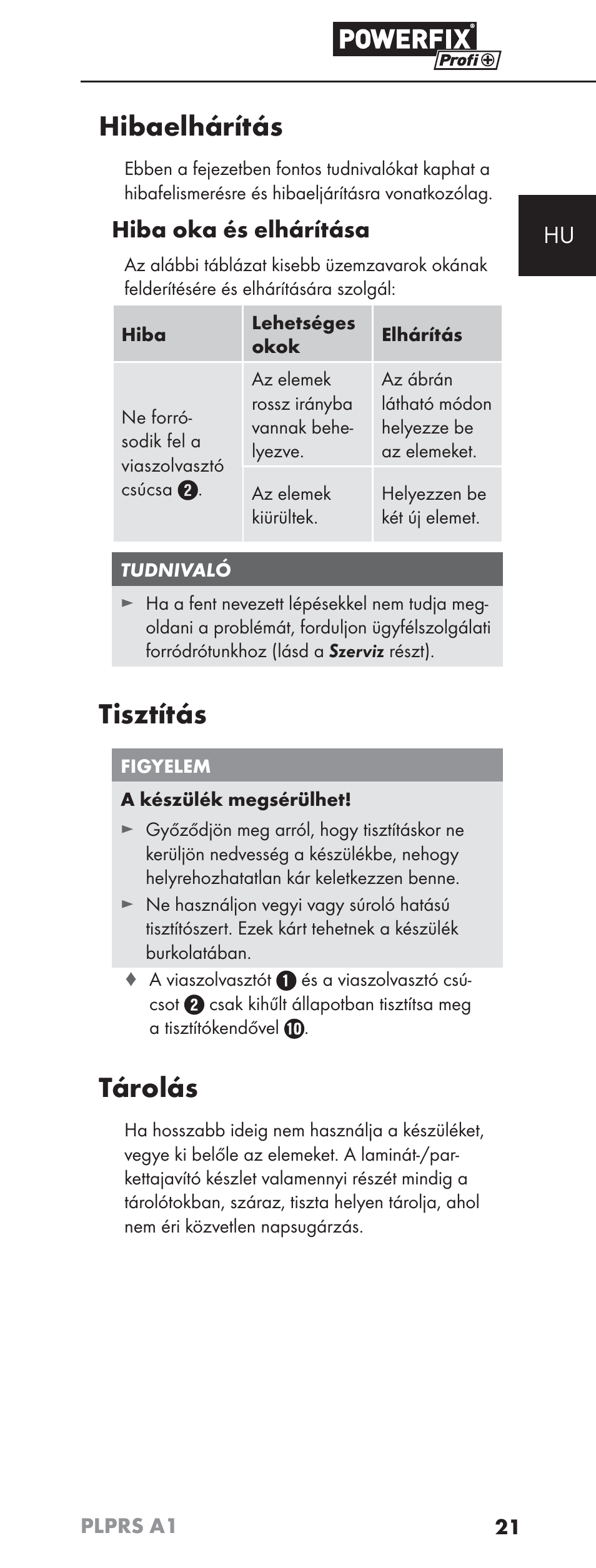 Hibaelhárítás, Tisztítás, Tárolás | Hiba oka és elhárítása | Powerfix PLPRS A1 User Manual | Page 24 / 63