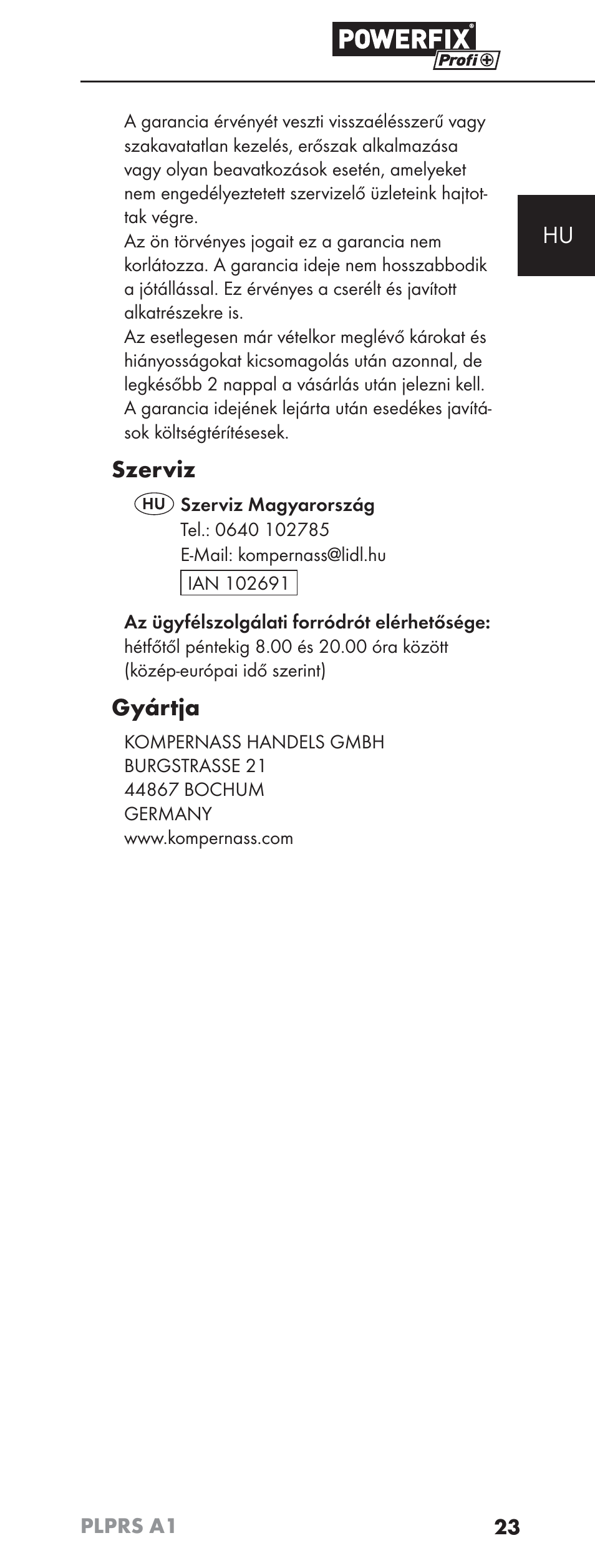 Szerviz, Gyártja | Powerfix PLPRS A1 User Manual | Page 26 / 63