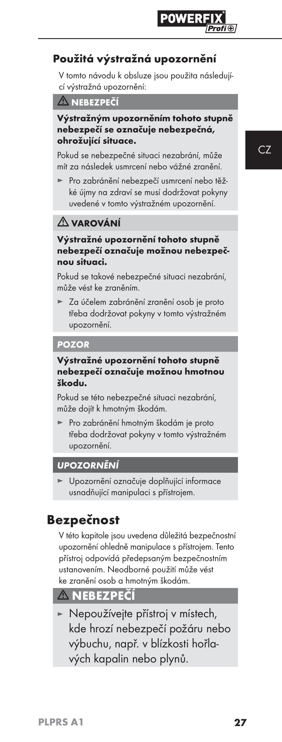 Bezpečnost, Nebezpečí, Cz použitá výstražná upozornění | Powerfix PLPRS A1 User Manual | Page 30 / 63