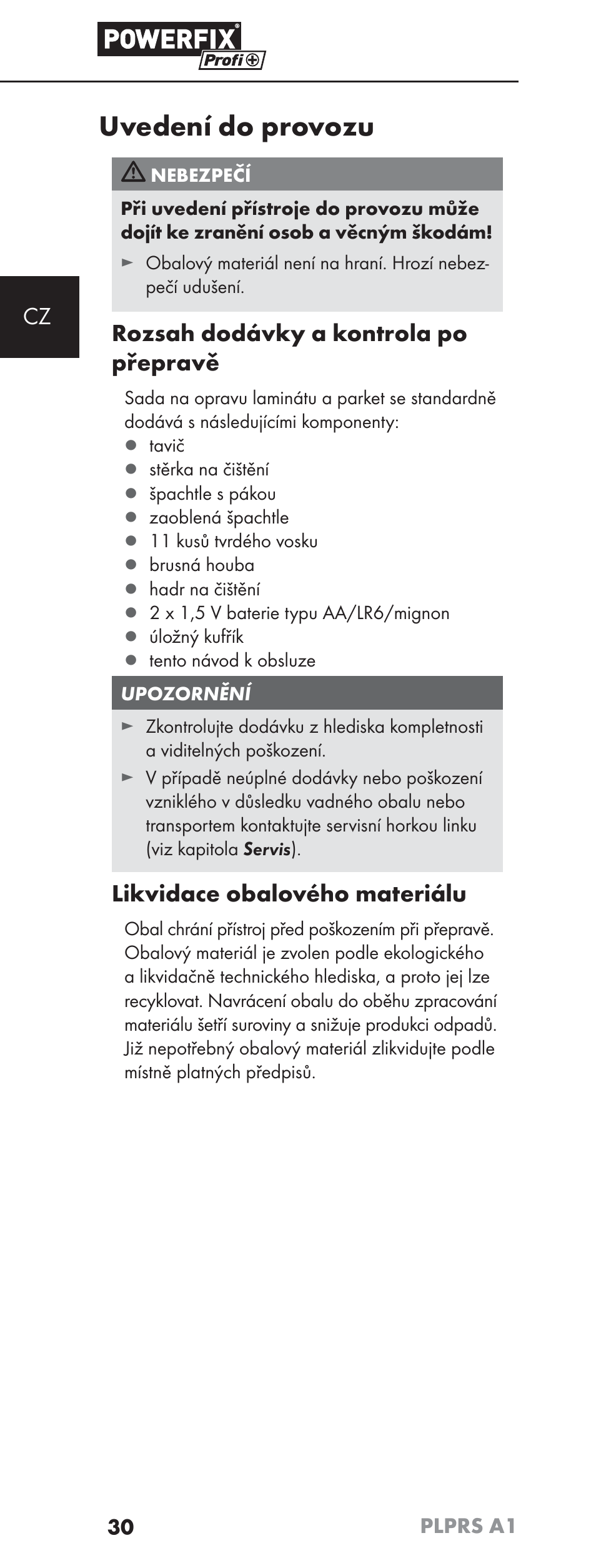 Uvedení do provozu, Rozsah dodávky a kontrola po přepravě, Likvidace obalového materiálu | Powerfix PLPRS A1 User Manual | Page 33 / 63