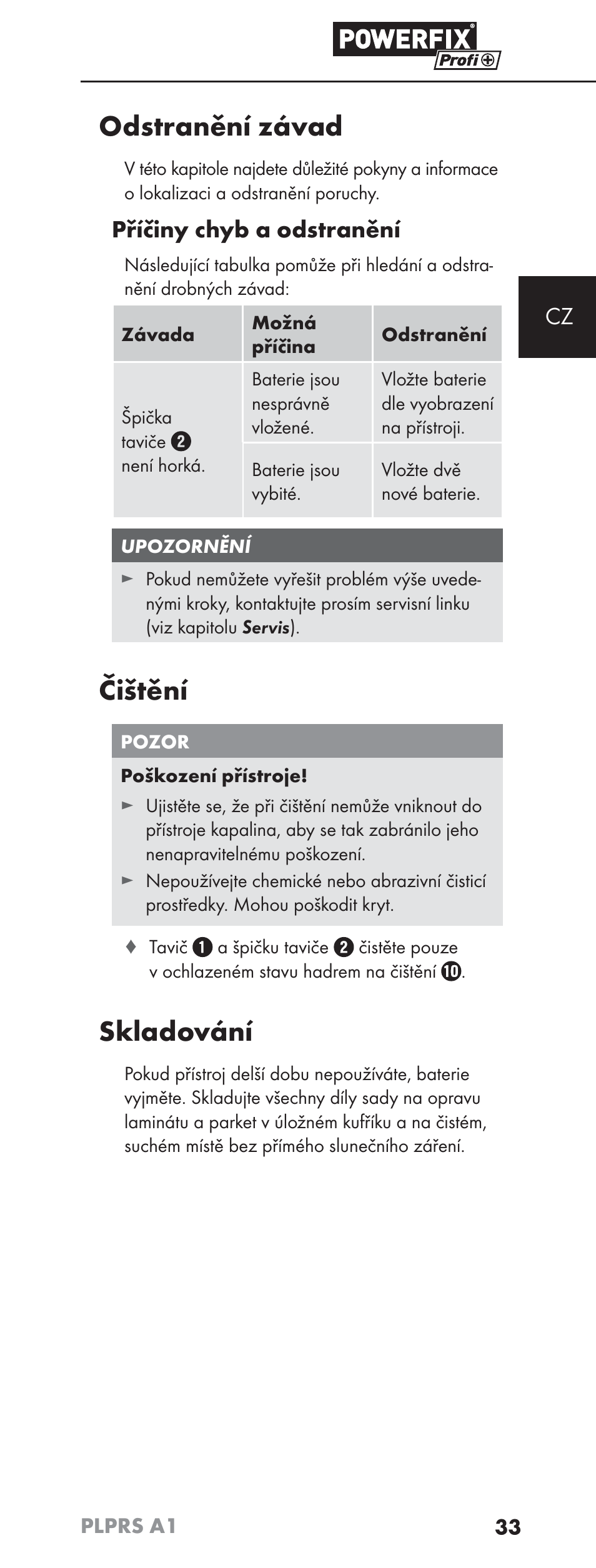 Odstranění závad, Čištění, Skladování | Příčiny chyb a odstranění | Powerfix PLPRS A1 User Manual | Page 36 / 63