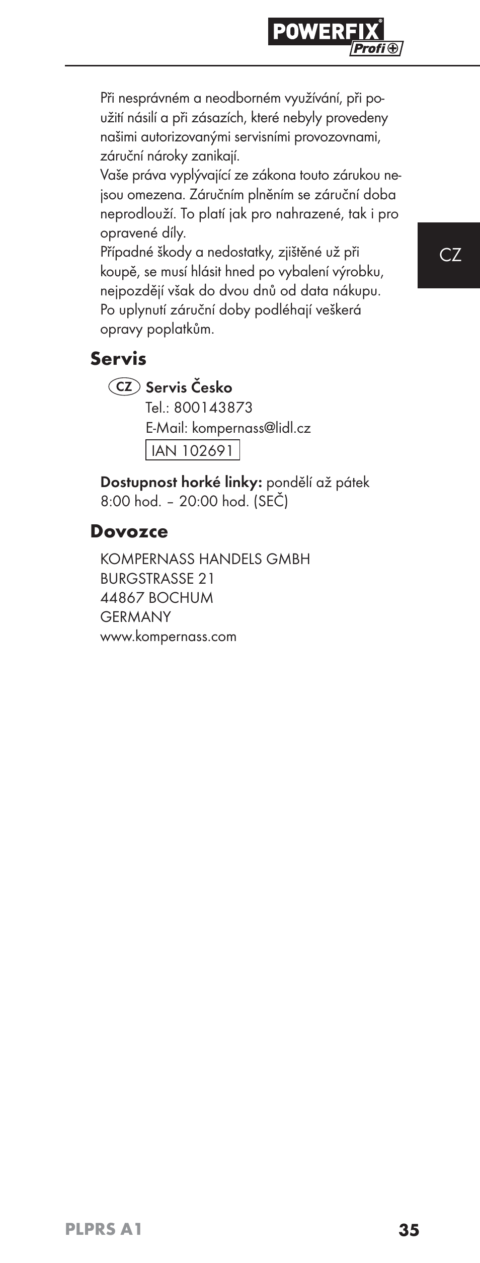 Servis, Dovozce | Powerfix PLPRS A1 User Manual | Page 38 / 63