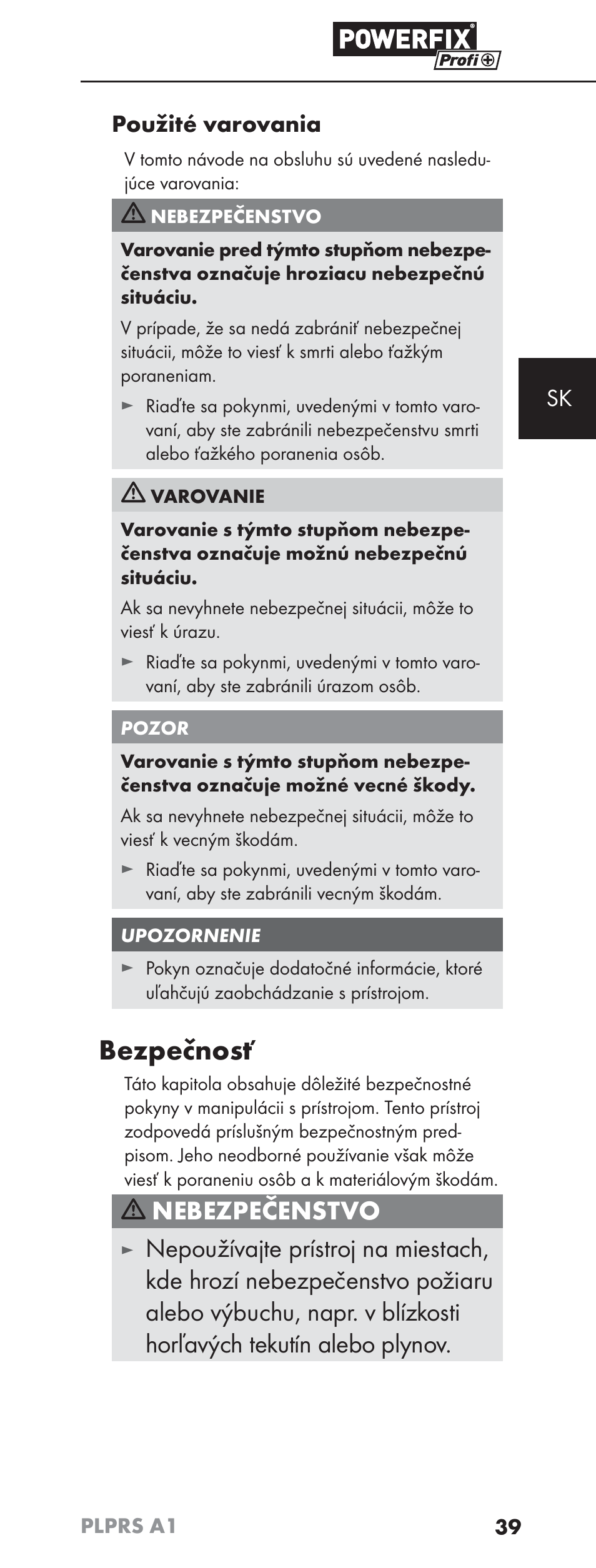 Bezpečnosť, Nebezpečenstvo, Sk použité varovania | Powerfix PLPRS A1 User Manual | Page 42 / 63