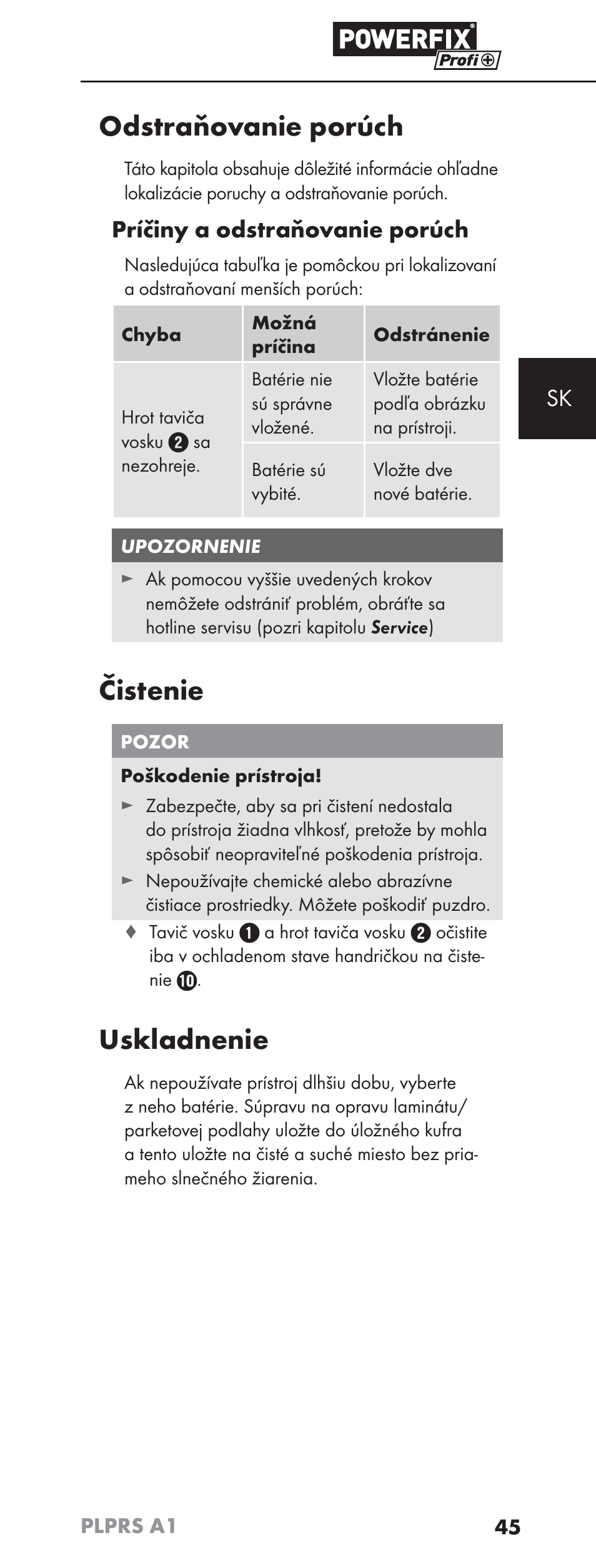 Odstraňovanie porúch, Čistenie, Uskladnenie | Príčiny a odstraňovanie porúch | Powerfix PLPRS A1 User Manual | Page 48 / 63