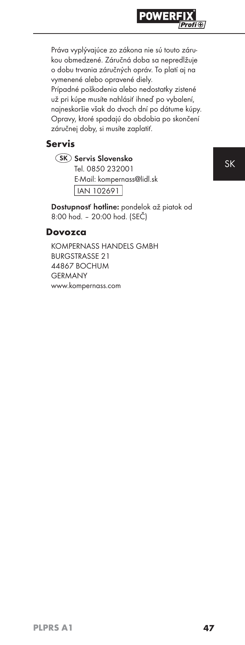 Servis, Dovozca | Powerfix PLPRS A1 User Manual | Page 50 / 63