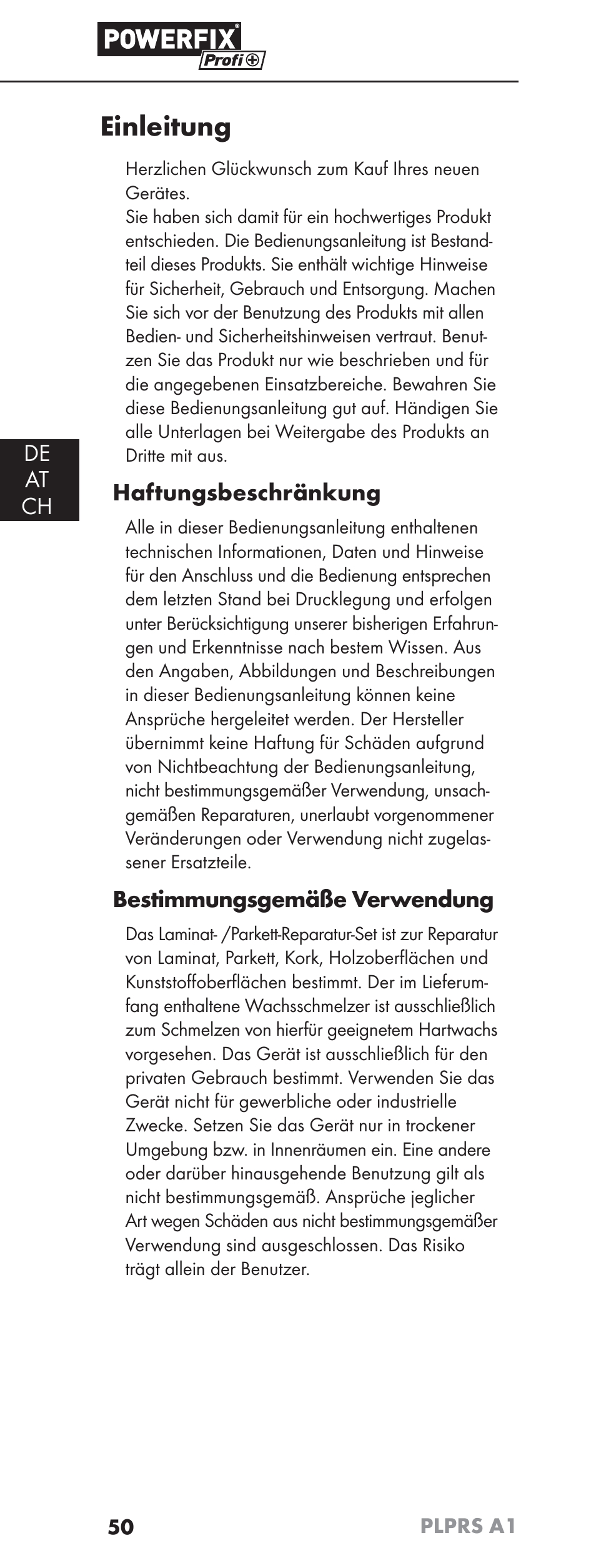 Einleitung, De at ch, Haftungsbeschränkung | Bestimmungsgemäße verwendung | Powerfix PLPRS A1 User Manual | Page 53 / 63