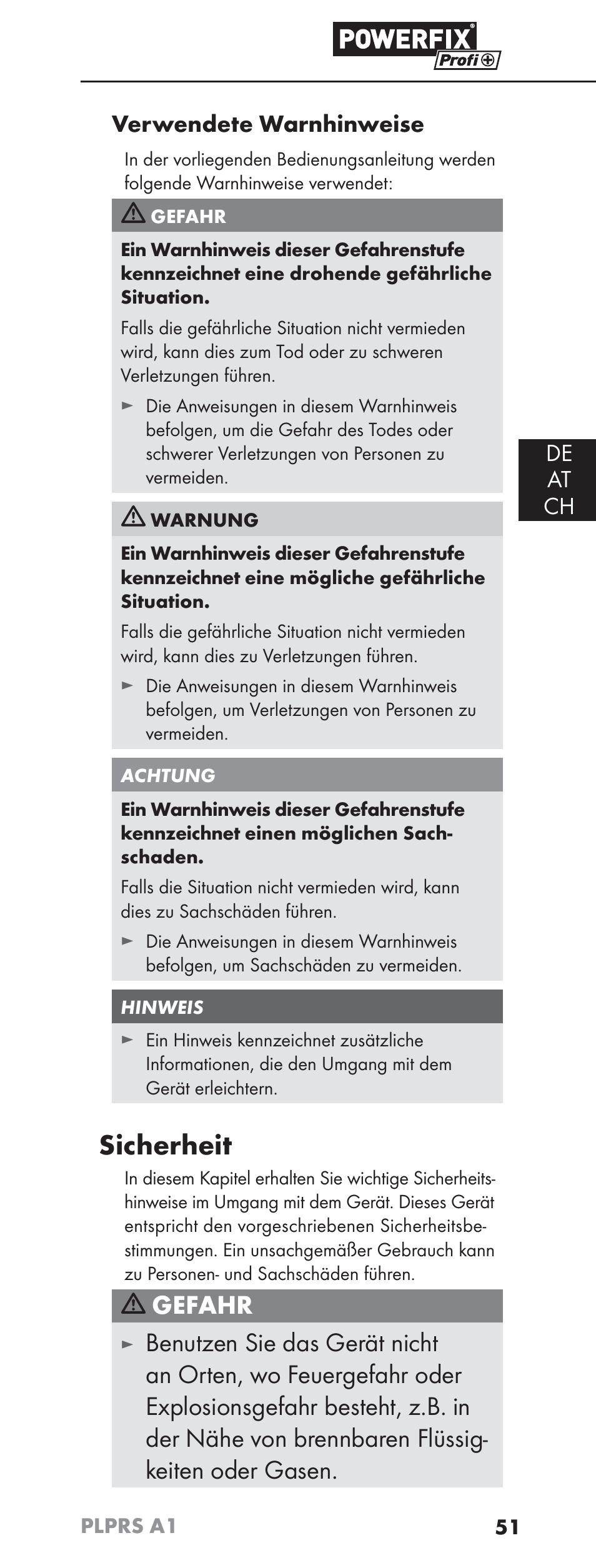 Sicherheit, Gefahr, De at ch verwendete warnhinweise | Powerfix PLPRS A1 User Manual | Page 54 / 63