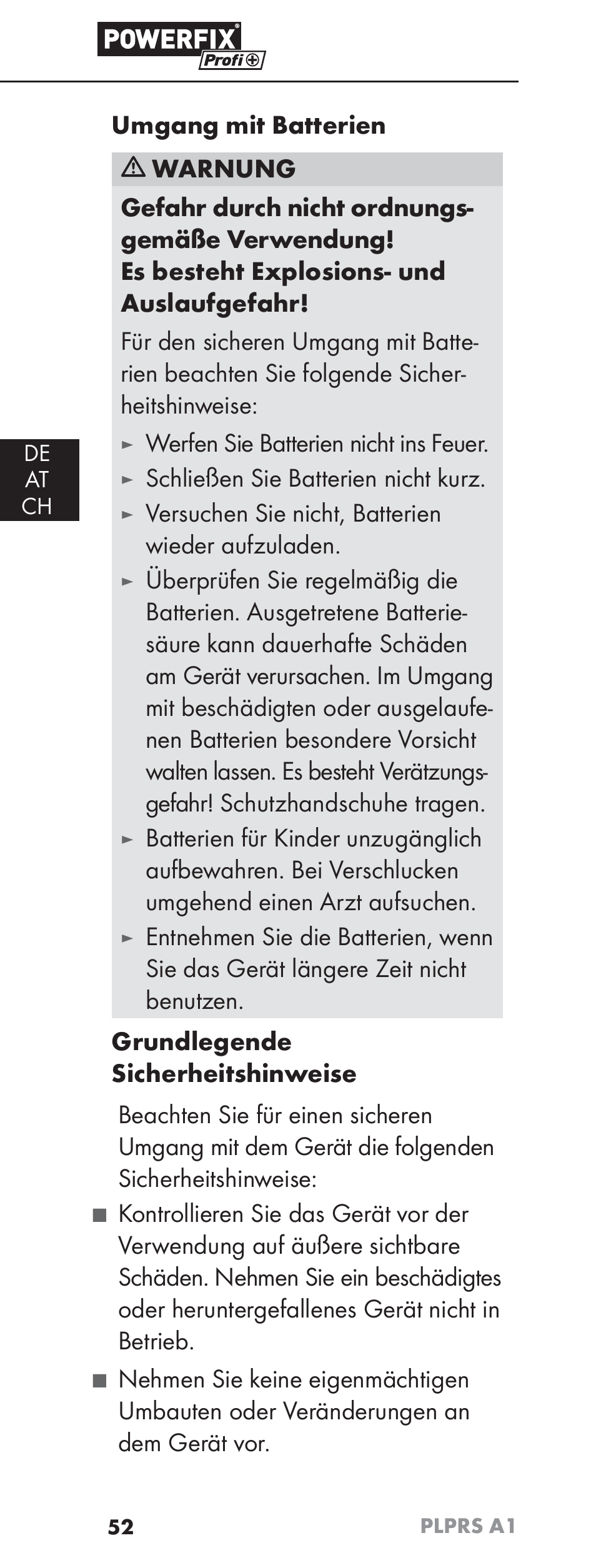 Werfen sie batterien nicht ins feuer, Schließen sie batterien nicht kurz, Versuchen sie nicht, batterien wieder aufzuladen | Powerfix PLPRS A1 User Manual | Page 55 / 63