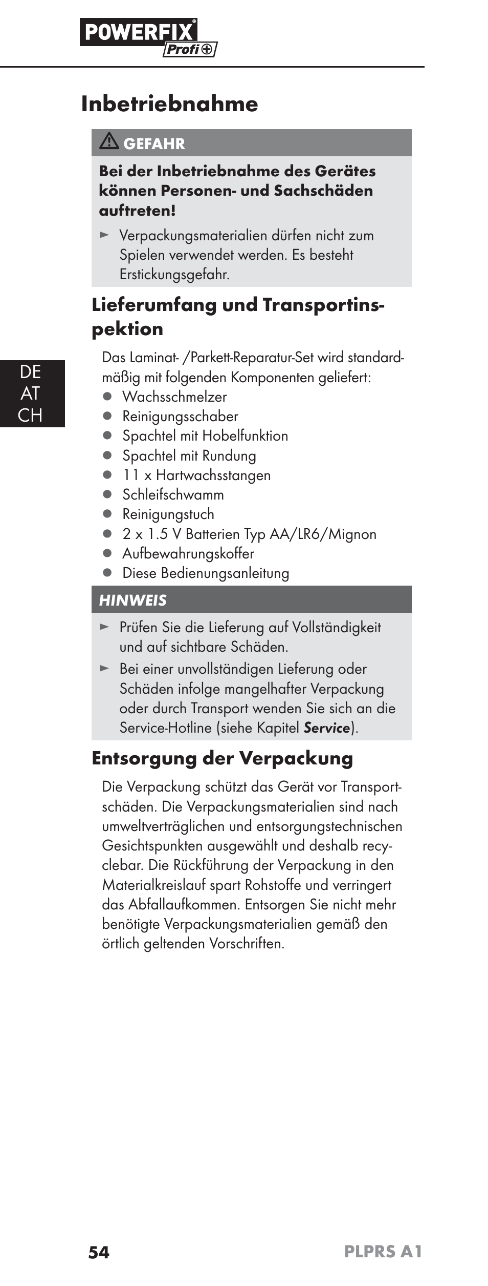 Inbetriebnahme, De at ch, Lieferumfang und transportins- pektion | Entsorgung der verpackung | Powerfix PLPRS A1 User Manual | Page 57 / 63