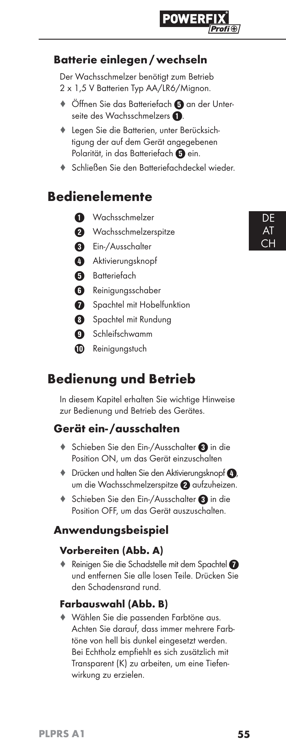 Bedienelemente, Bedienung und betrieb, De at ch batterie einlegen / wechseln | Gerät ein- /ausschalten, Anwendungsbeispiel | Powerfix PLPRS A1 User Manual | Page 58 / 63