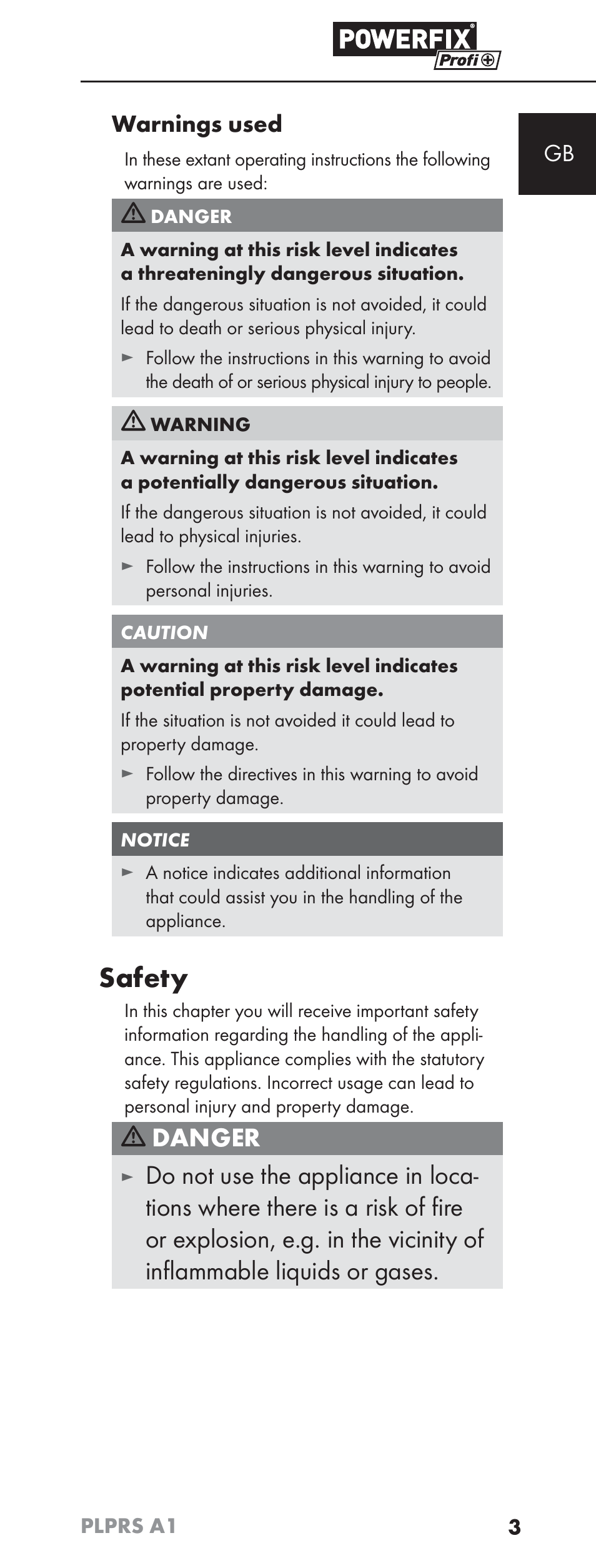 Safety, Danger, Gb warnings used | Powerfix PLPRS A1 User Manual | Page 6 / 63