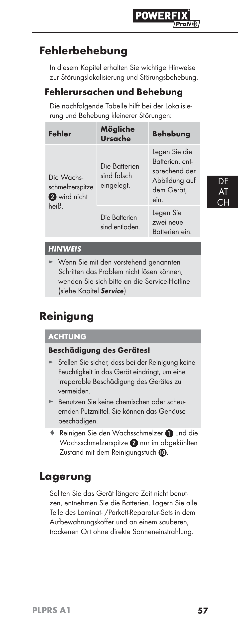 Fehlerbehebung, Reinigung, Lagerung | De at ch, Fehlerursachen und behebung | Powerfix PLPRS A1 User Manual | Page 60 / 63