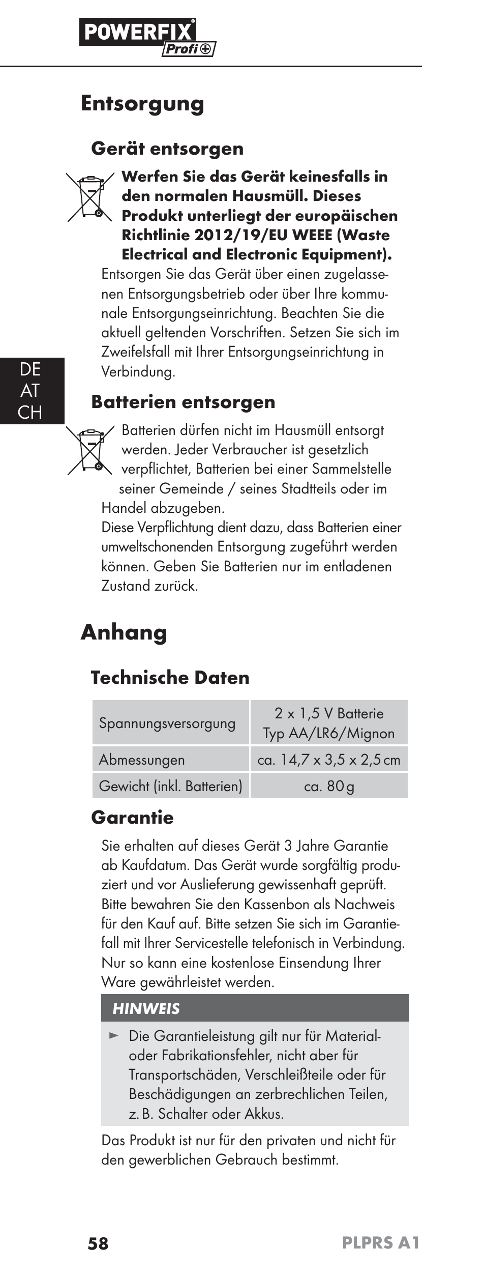 Entsorgung, Anhang, De at ch | Gerät entsorgen, Batterien entsorgen, Technische daten, Garantie | Powerfix PLPRS A1 User Manual | Page 61 / 63